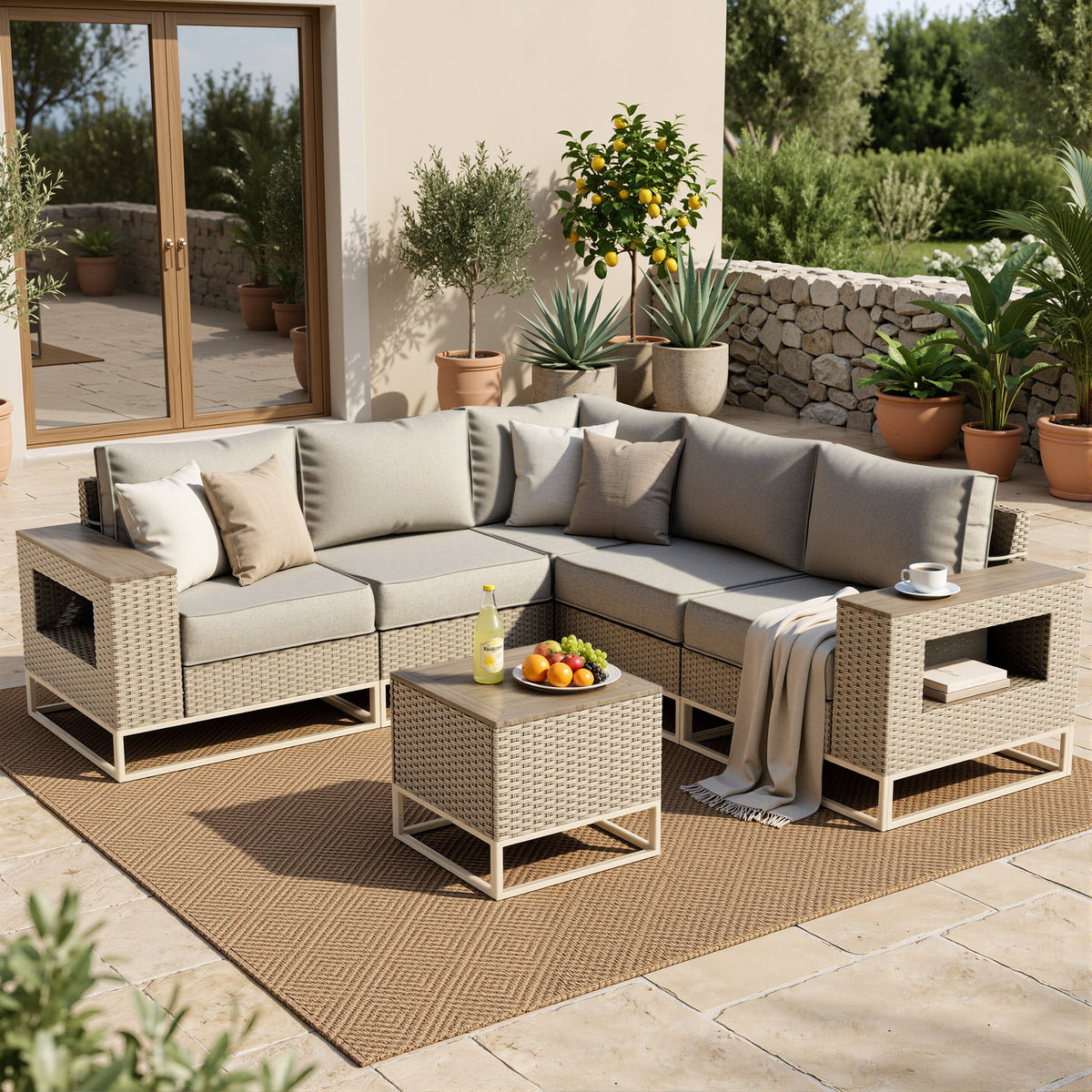 6 Set Wicker Patio Furniture Set Outdoor Sectional with 5.5" Thick Cushion, Patio Conversation Sets with 7.7" Widened Armrest, Modular Low Profile Deep Seating Rattan Sofa with Coffee Table for Yard