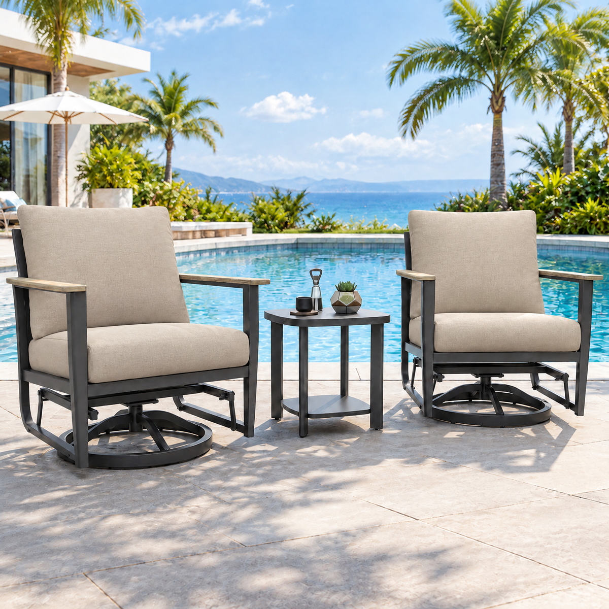 3 Pcs Aluminum Patio Furniture Set, Patio Swivel Rocker Chairs Set of 2, Outdoor Bistro Set, Patio Chairs Set of 2 with Rocking Chair, Thickened Cushions and Table for Porch, Beige
