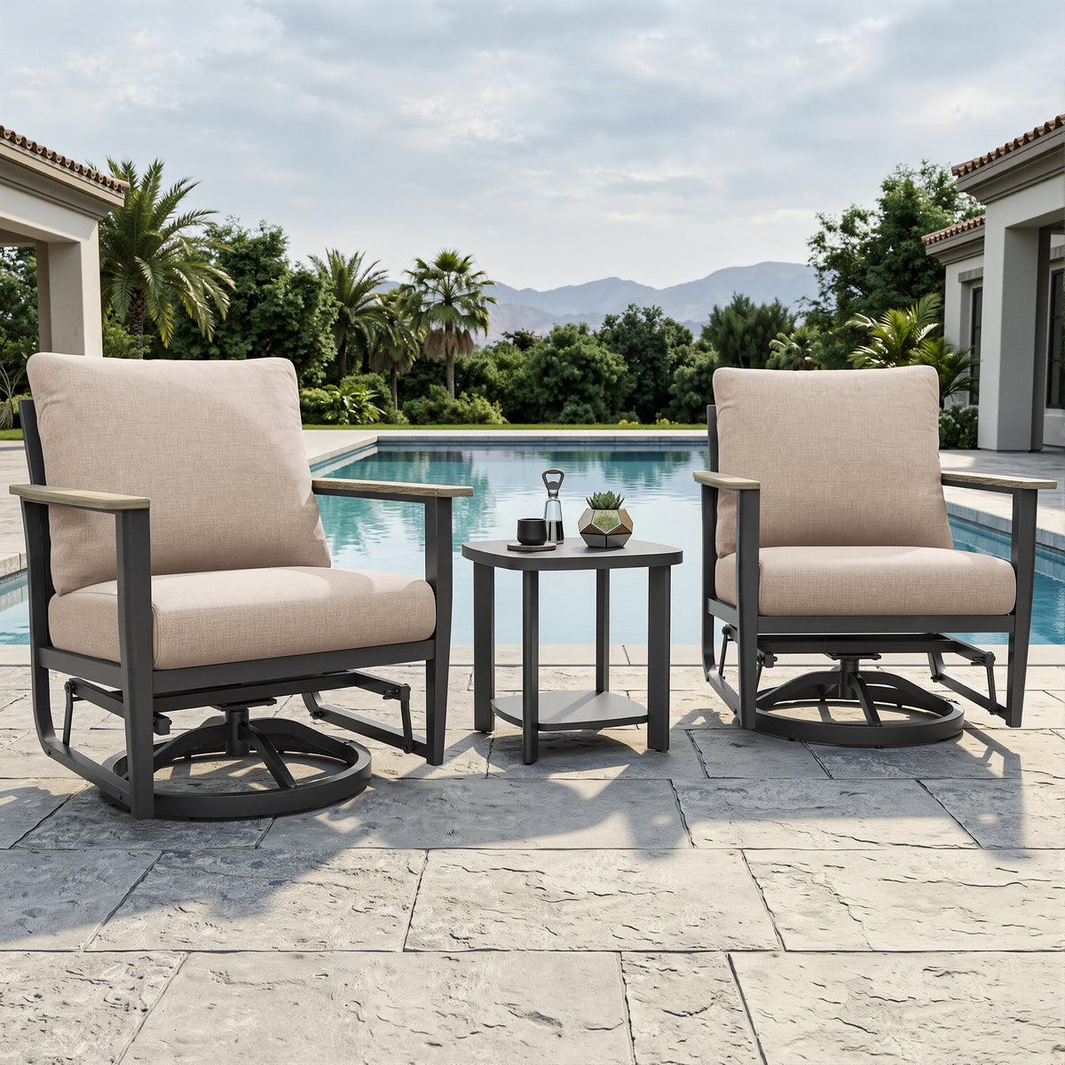 3 Piece Aluminum Patio Furniture Set, Patio Swivel Rocker Chairs Set of 2, Outdoor Bistro Set, Patio Chairs Set of 2 with Rocking Chair, Thickened Cushions and Table for Porch, Balcony, Beige