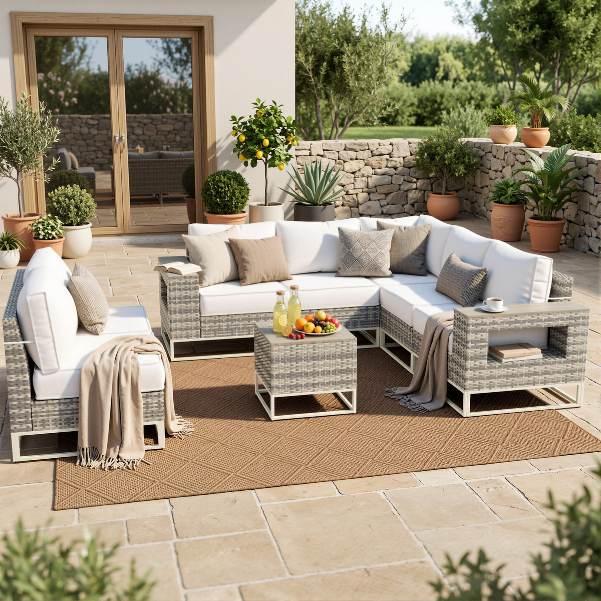 8 Set Wicker Patio Furniture Set Outdoor Sectional with 5.5" Thick Cushion, Patio Conversation Sets with 7.7" Widened Armrest, Modular Low Profile Deep Seating Rattan Sofa with Coffee Table for Yard