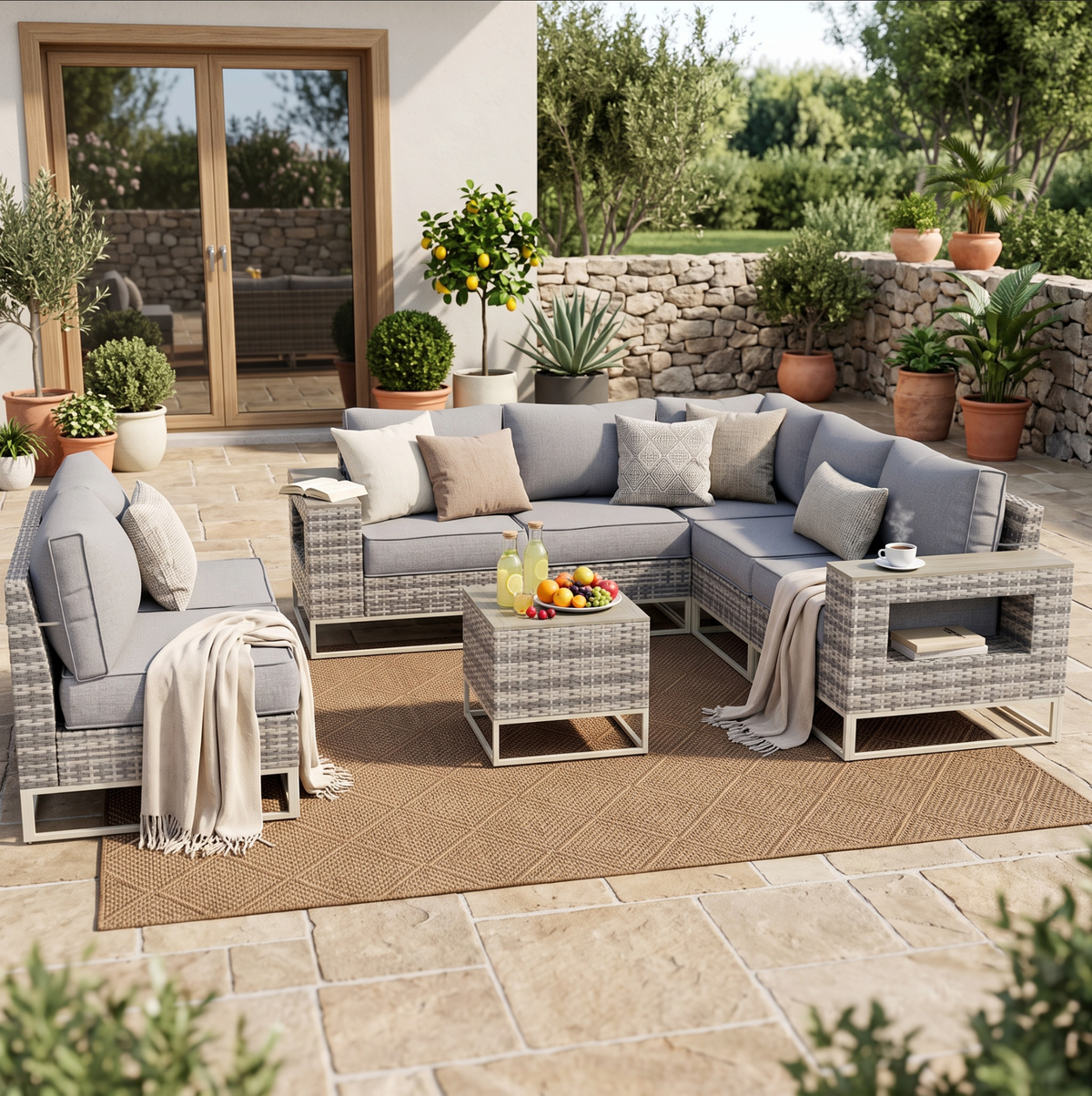 8 Set Wicker Patio Furniture Set Outdoor Sectional with 5.5" Thick Cushion, Patio Conversation Sets with 7.7" Widened Armrest, Modular Low Profile Deep Seating Rattan Sofa with Coffee Table for Yard