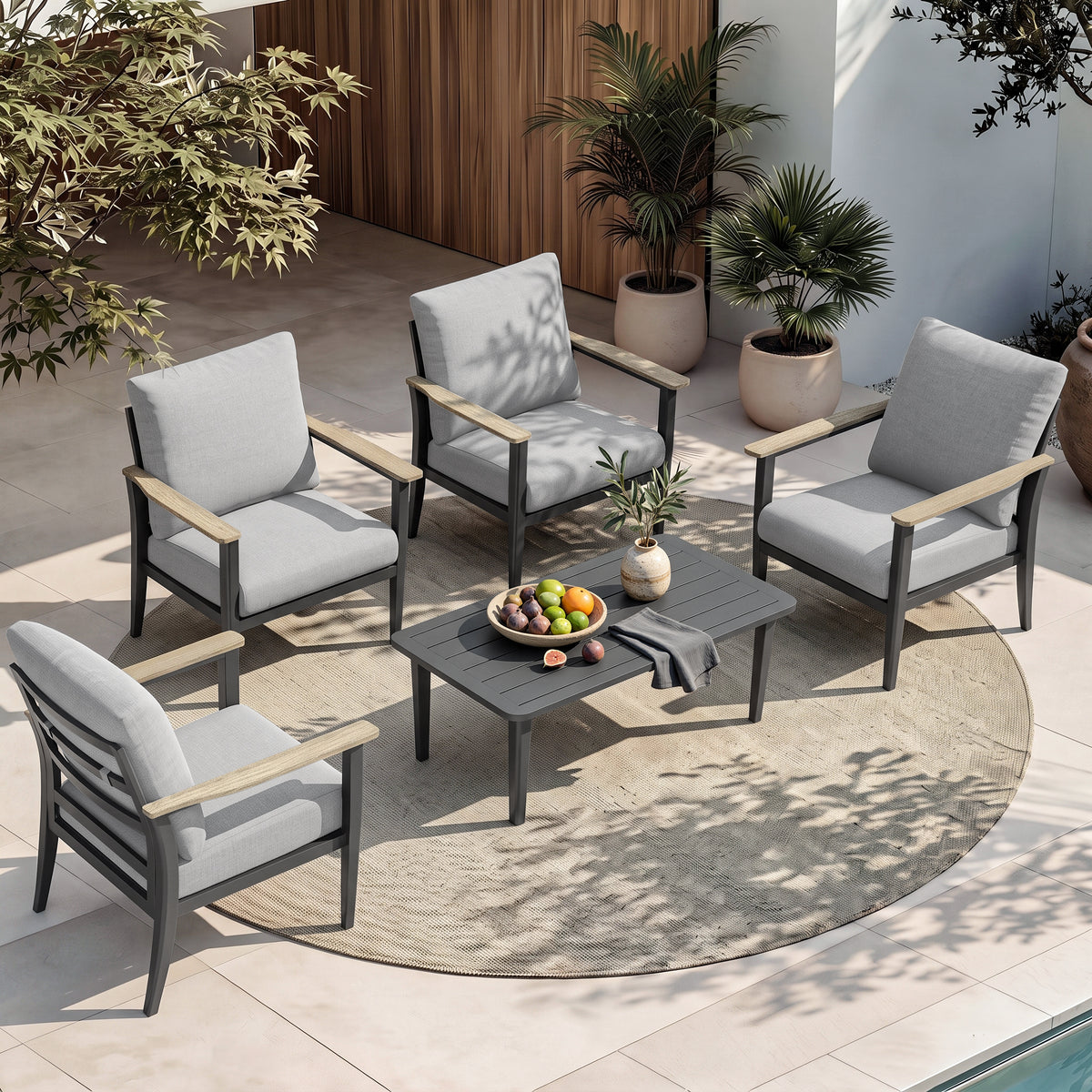 Aluminum 5 Piece Oversized Outdoor Patio Furniture Set with Coffee Table, Patio Sectional, Patio Conversation Sets with HDPE Widened Armrest & Coffee Table for Backyard, Porch, Balcony, Deck, Grey