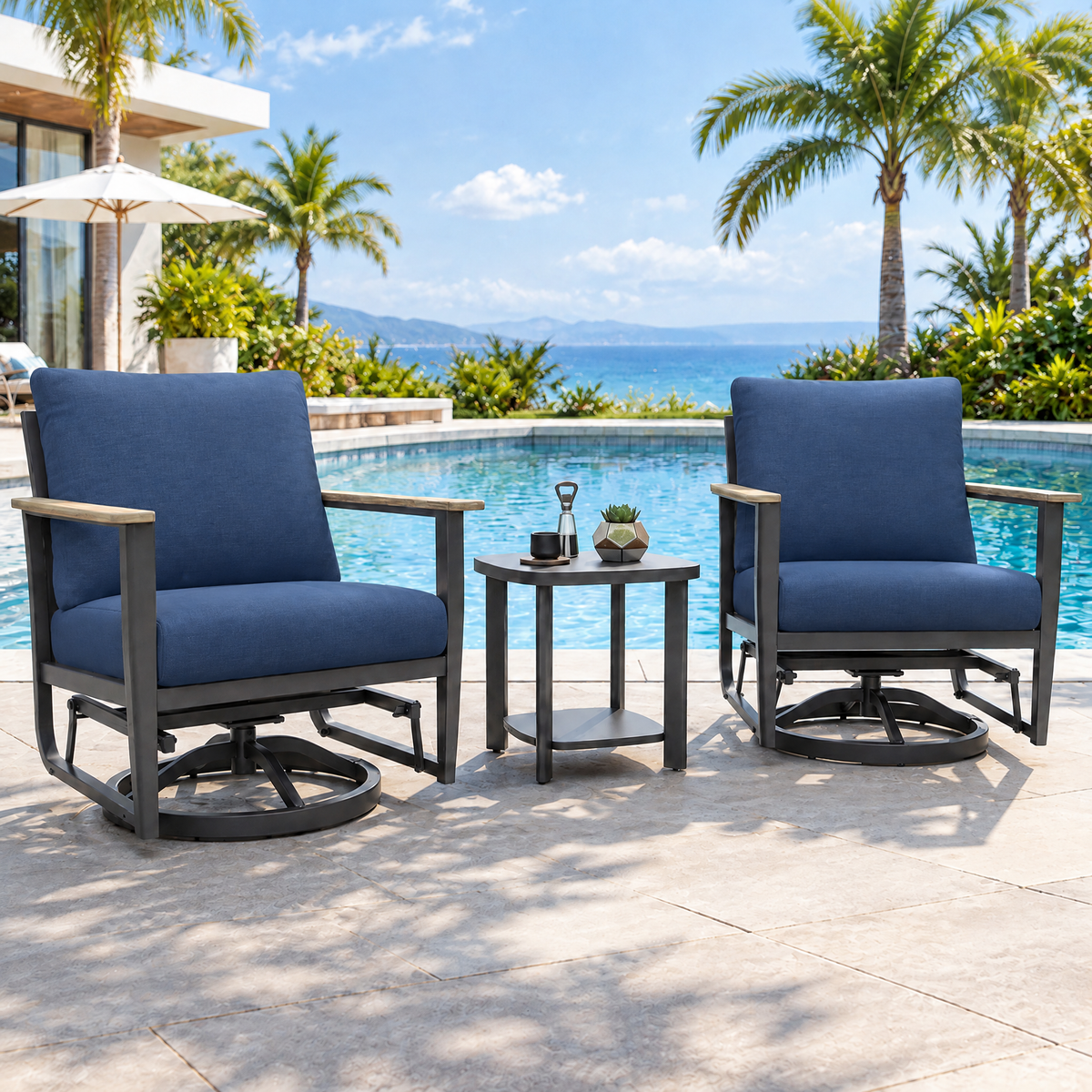 3 Pcs Aluminum Patio Furniture Set, Patio Swivel Rocker Chairs Set of 2, Outdoor Bistro Set, Patio Chairs Set of 2 with Rocking Chair, Thickened Cushions and Table for Porch, Navy