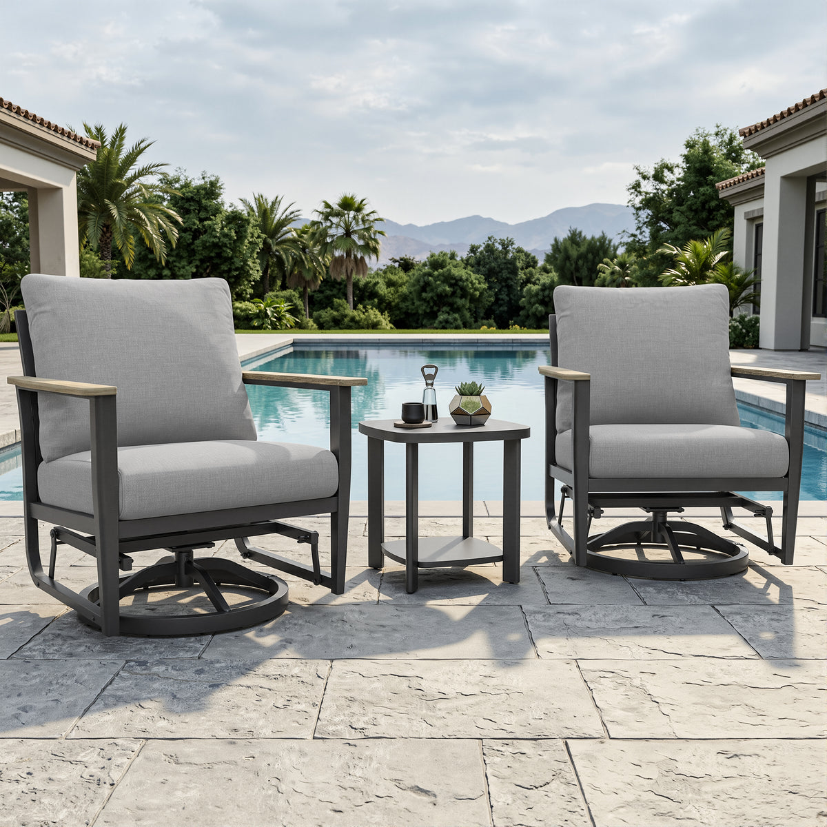 3 Piece Aluminum Patio Furniture Set, Patio Swivel Rocker Chairs Set of 2, Outdoor Bistro Set, Patio Chairs Set of 2 with Rocking Chair, Thickened Cushions and Table for Porch, Balcony, Grey