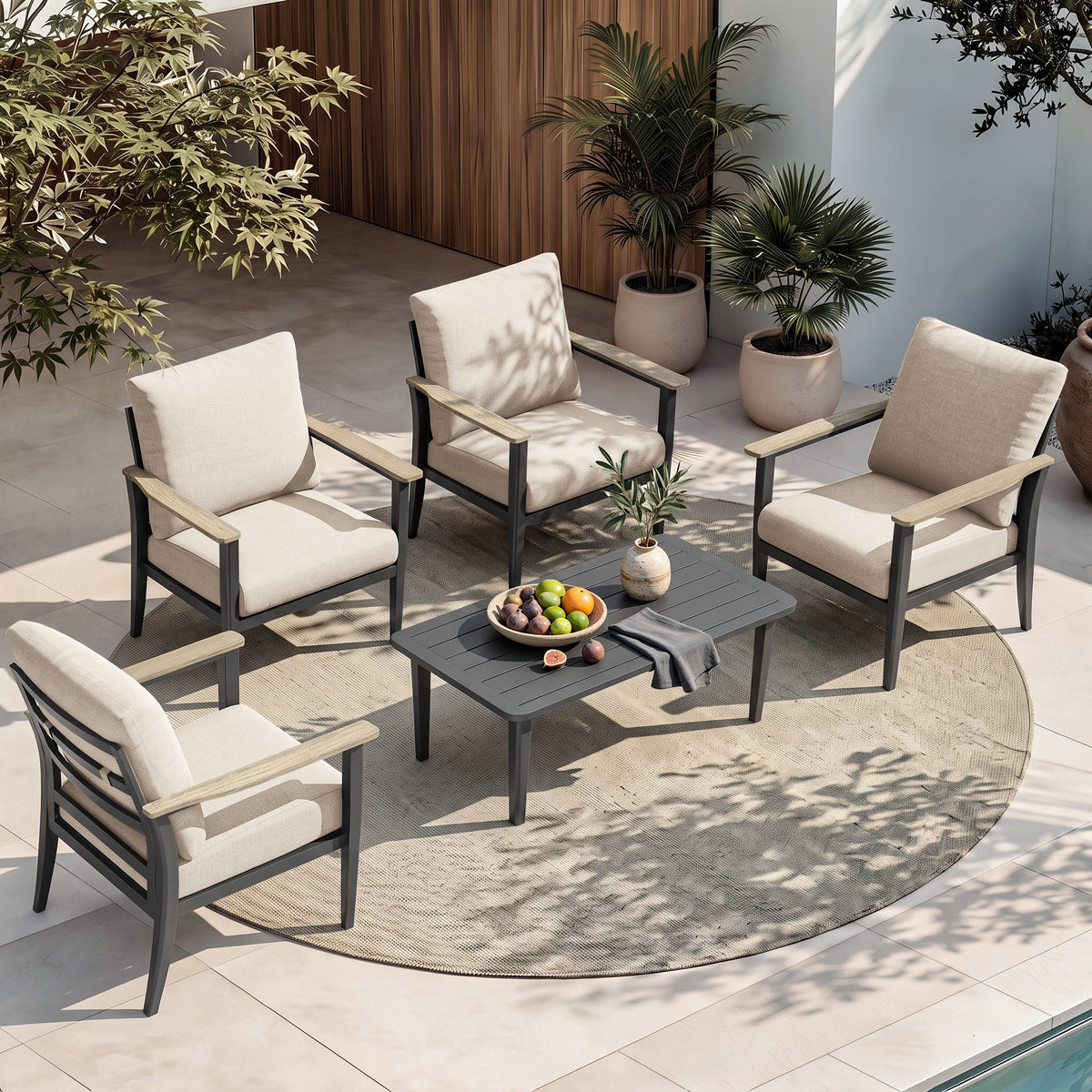 Aluminum 5 Piece Oversized Outdoor Patio Furniture Set with Coffee Table, Patio Sectional, Patio Conversation Sets with HDPE Widened Armrest & Coffee Table for Backyard, Porch, Balcony, Deck, Beige
