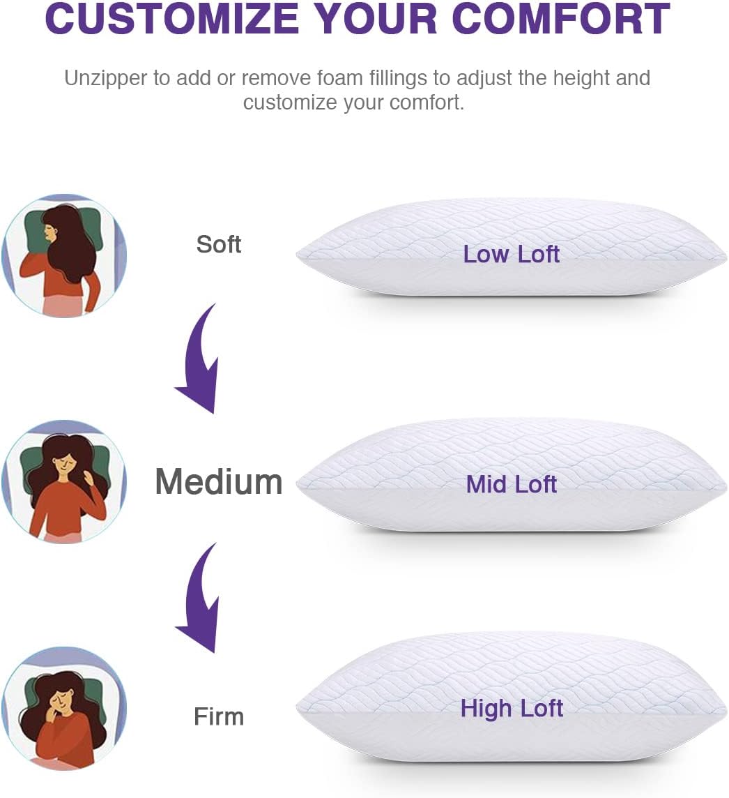 FURNITUDO Cooling Shredded Memory Foam Pillows for Sleeping Cool Cold Pillow Standard Size Set of 2 with Zipper, Adjustable Firmness to Hot, Side