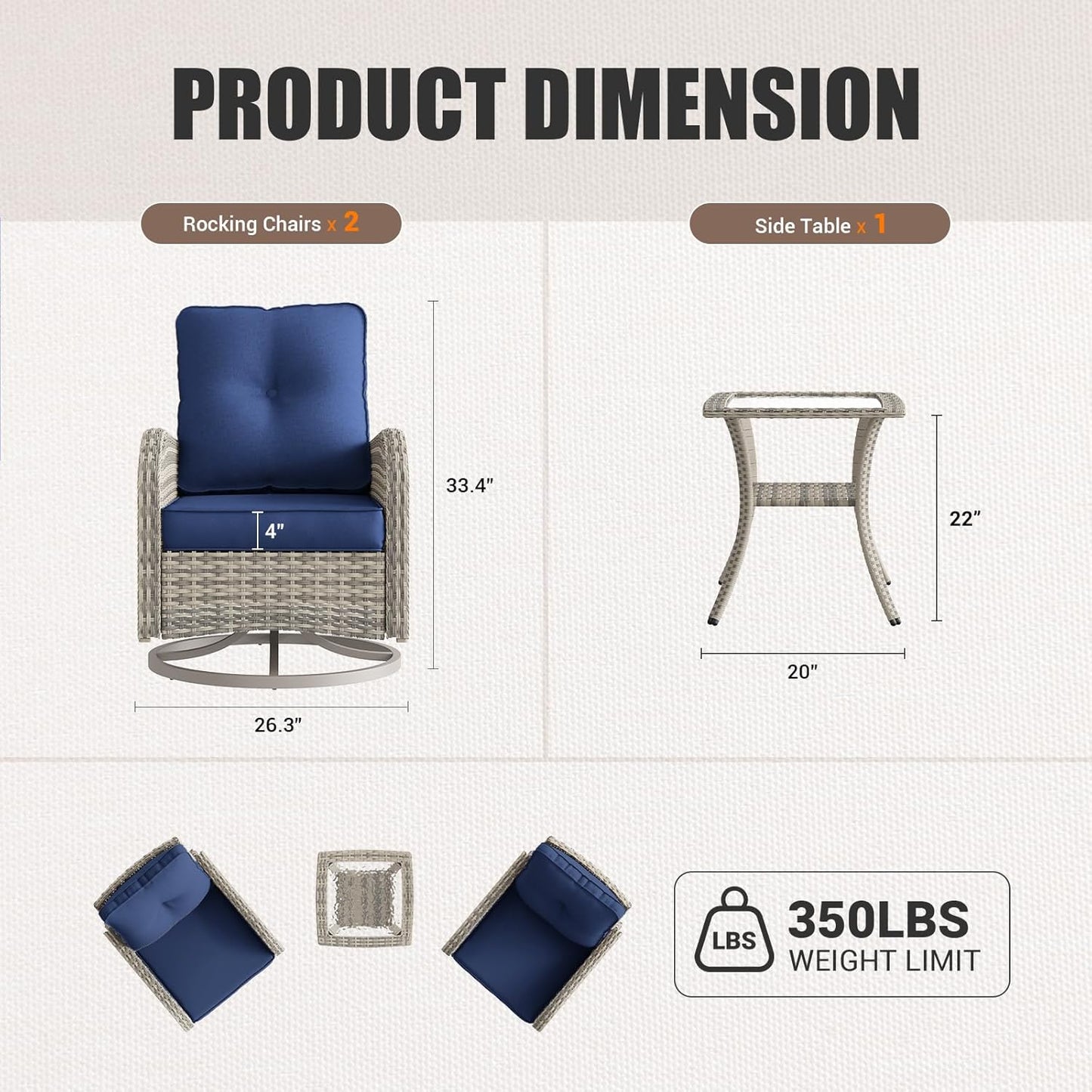 Muphyers Patio Rocking Swivel Chair Outdoor Wicker Rattan Bistro Set with Tempered Glass Side Table, Outdoor Patio Furniture Set for Garden, Deck, and Balcony
