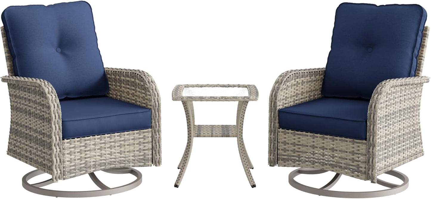 Muphyers Patio Rocking Swivel Chair Outdoor Wicker Rattan Bistro Set with Tempered Glass Side Table, Outdoor Patio Furniture Set for Garden, Deck, and Balcony