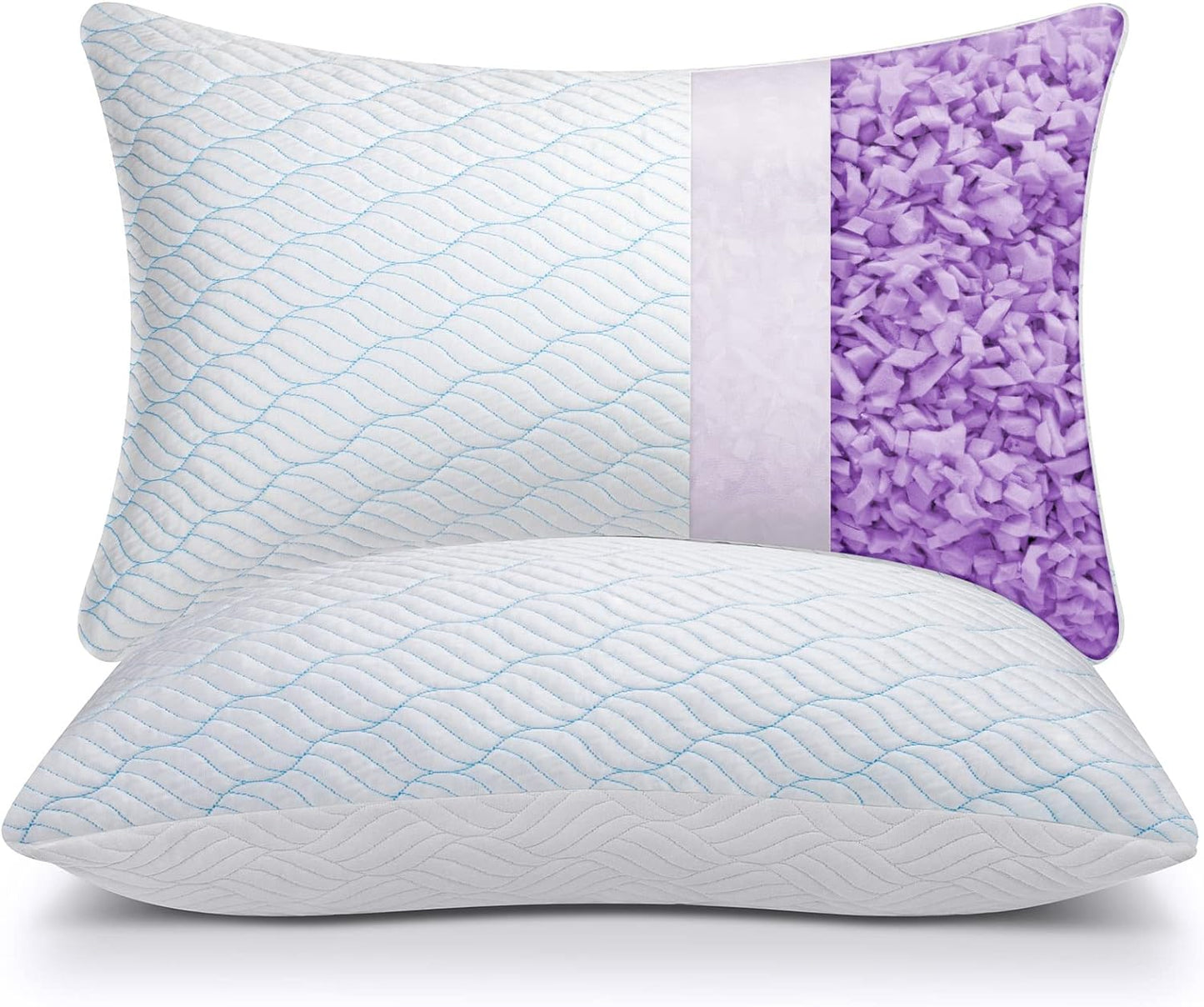 FURNITUDO Cooling Shredded Memory Foam Pillows for Sleeping Cool Cold Pillow Standard Size Set of 2 with Zipper, Adjustable Firmness to Hot, Side