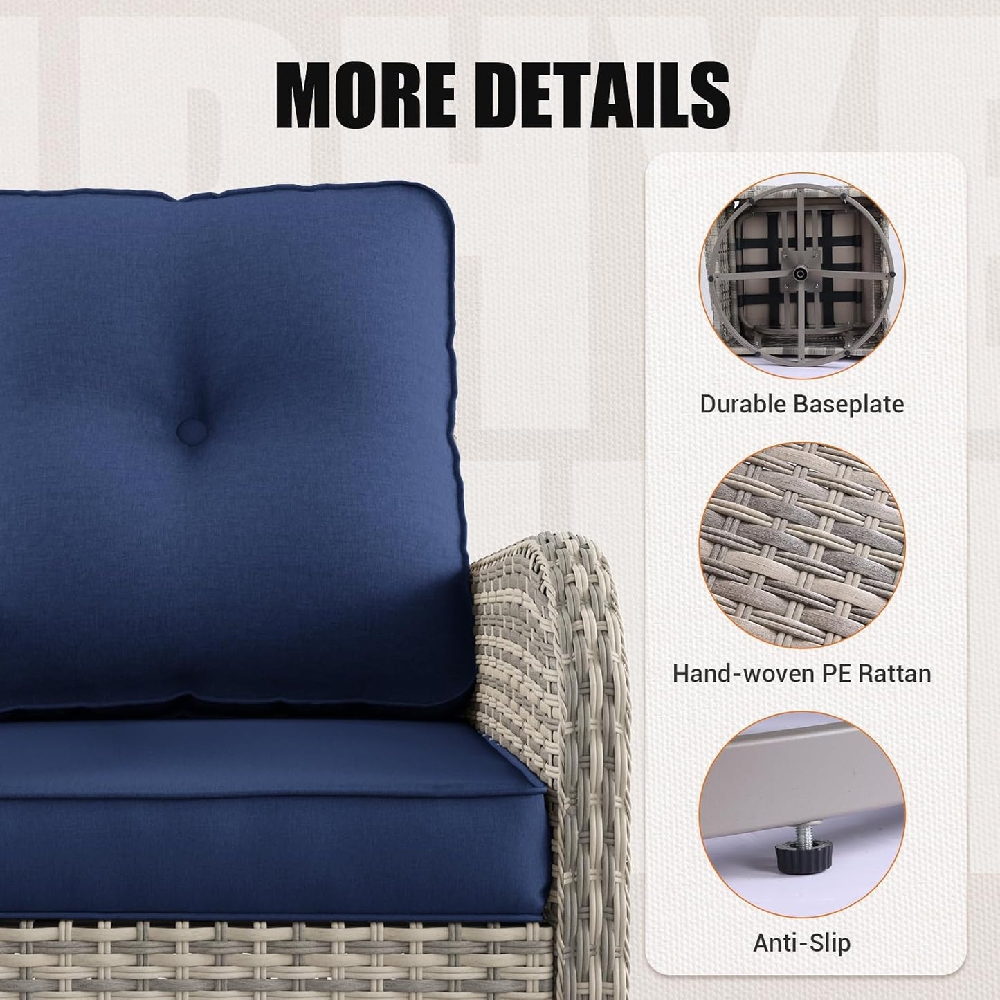 Muphyers Patio Rocking Swivel Chair Outdoor Wicker Rattan Bistro Set with Tempered Glass Side Table, Outdoor Patio Furniture Set for Garden, Deck, and Balcony