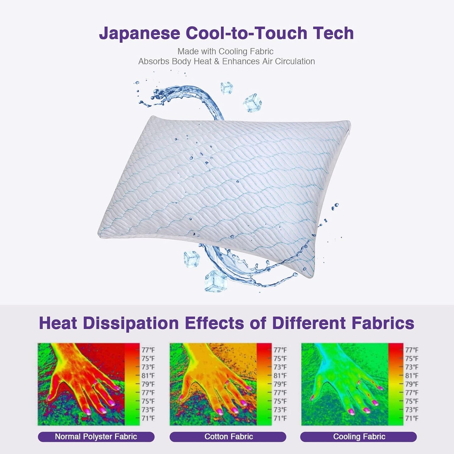 FURNITUDO Cooling Shredded Memory Foam Pillows for Sleeping Cool Cold Pillow Standard Size Set of 2 with Zipper, Adjustable Firmness to Hot, Side