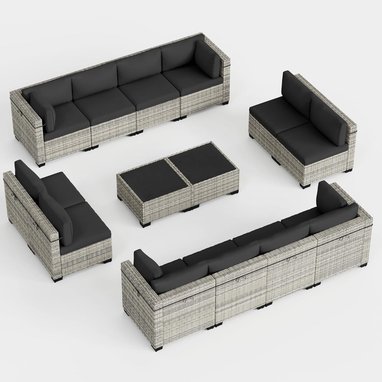 Muphyers 14-Piece Outdoor Patio Furniture Set, PE Wicker Rattan Sectional Sofa Conversation Set with Tempered Glass Table & Thick Cushions - All-Weather Garden, Backyard Furniture,Dark Grey