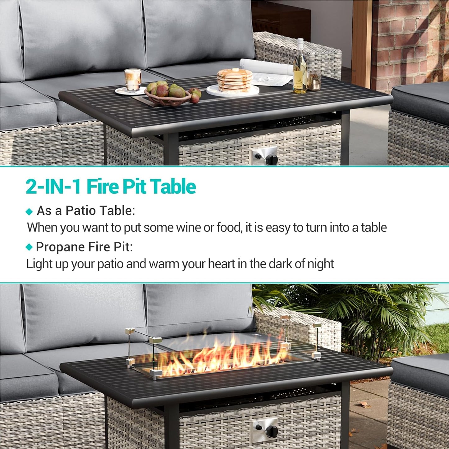 Muphyers 11-Piece Outdoor Patio Furniture Set with Rocking Swivel Chair, Wicker Rattan Sectional Sofa Conversation Set with 55,000 BTU Fire Pit Table, Backyard Furniture,Grey