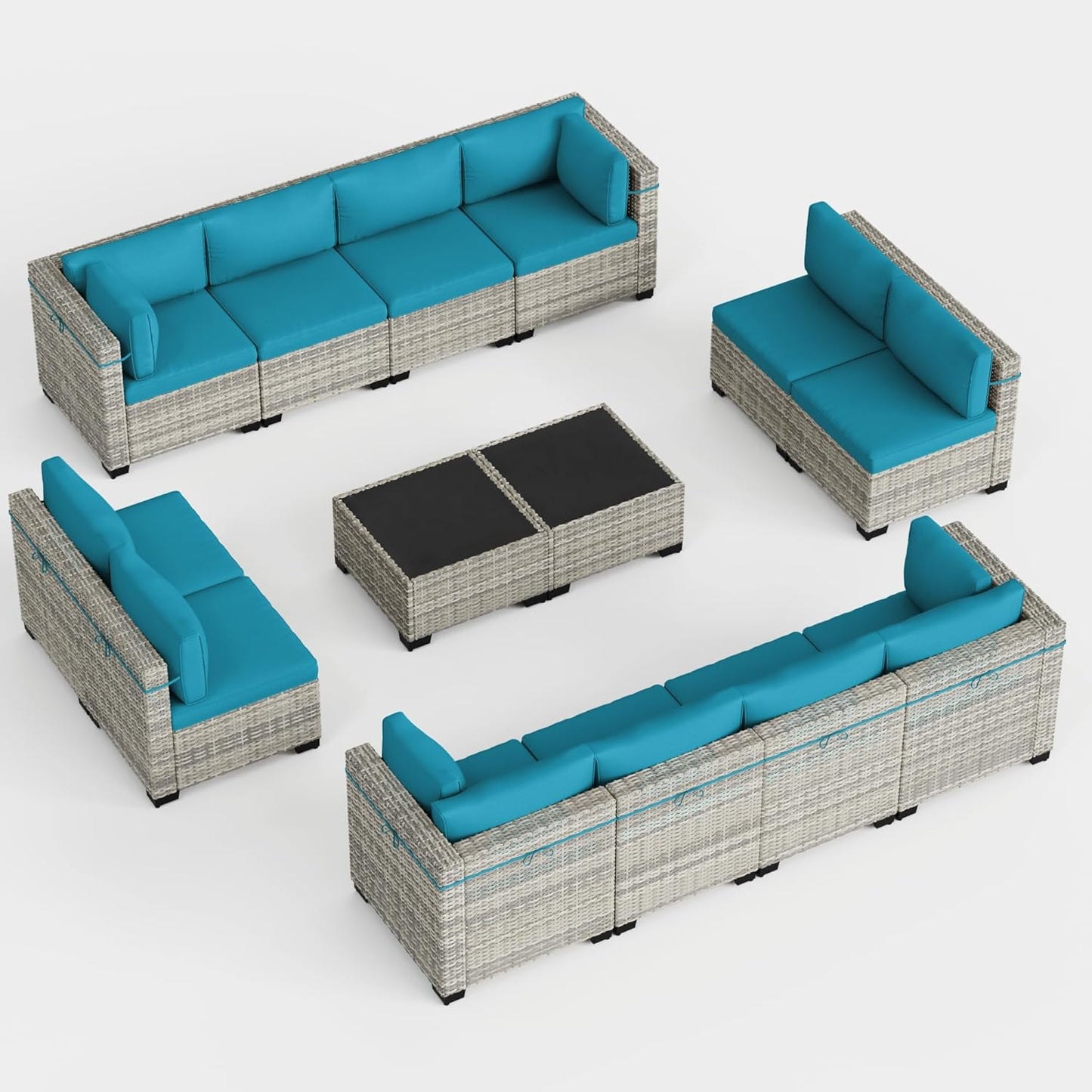 Muphyers 14-Piece Outdoor Patio Furniture Set, PE Wicker Rattan Sectional Sofa Conversation Set with Tempered Glass Table & Thick Cushions - All-Weather Garden, Backyard Furniture,Turquoise