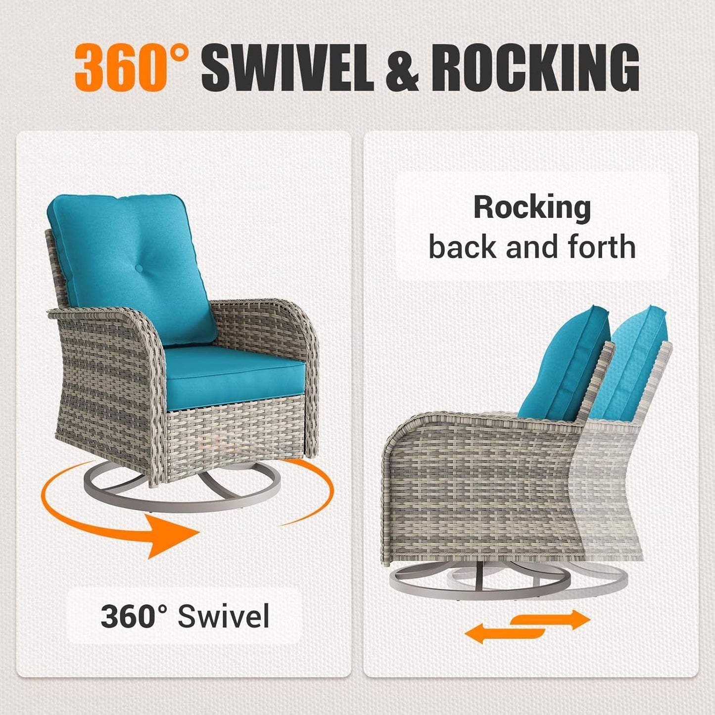 Muphyers 13-Piece Outdoor Patio Furniture Set with Rocking Swivel Chair, Wicker Rattan Sectional Sofa Conversation Set with 55,000 BTU Fire Pit Table with Ottomans, Backyard Furniture,Turquoise