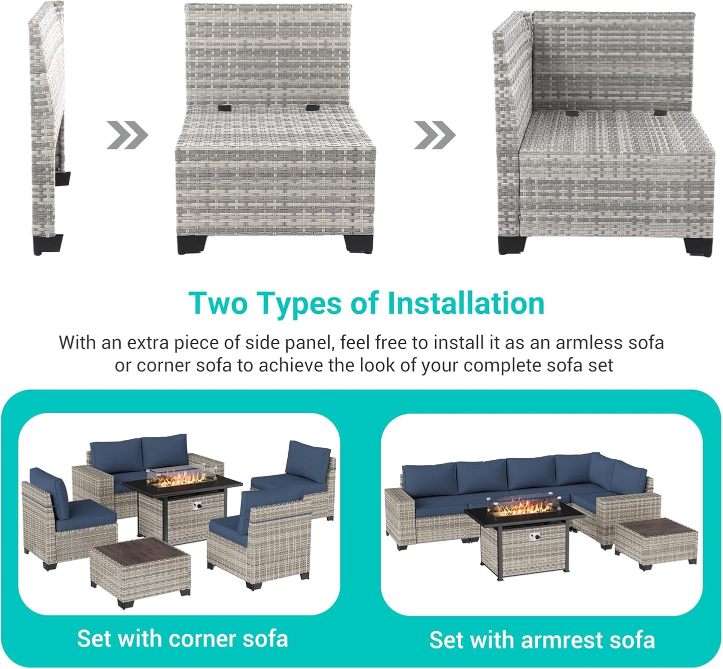 Muphyers 7-Piece Outdoor Patio Furniture Set with 55,000 BTU Fire Pit Table, PE Wicker Rattan Sectional Sofa Patio Conversation Set with Thickened Cushions & Coffee Table