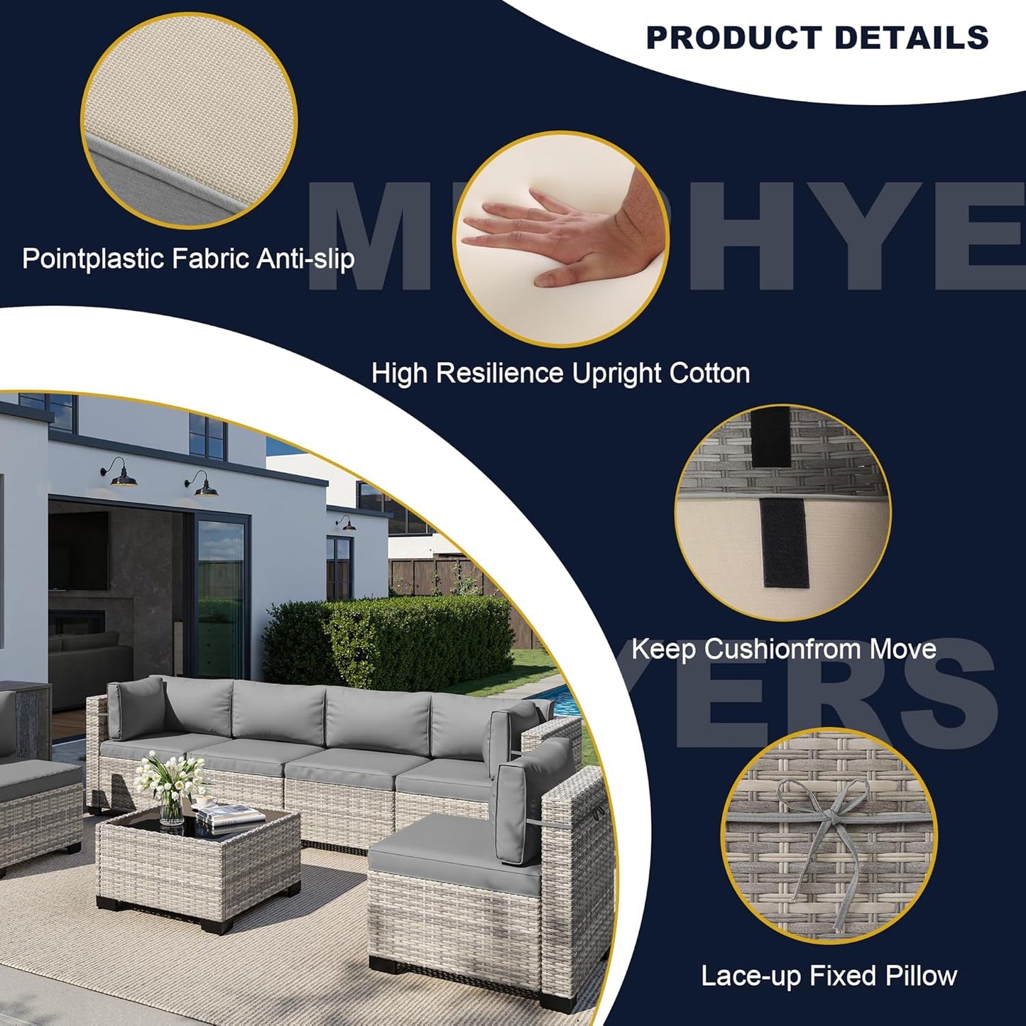 Muphyers 13-Piece Outdoor Patio Furniture Set with Rocking Swivel Chair, Wicker Rattan Sectional Sofa Conversation Set with 55,000 BTU Fire Pit Table with Ottomans, Backyard Furniture,Grey