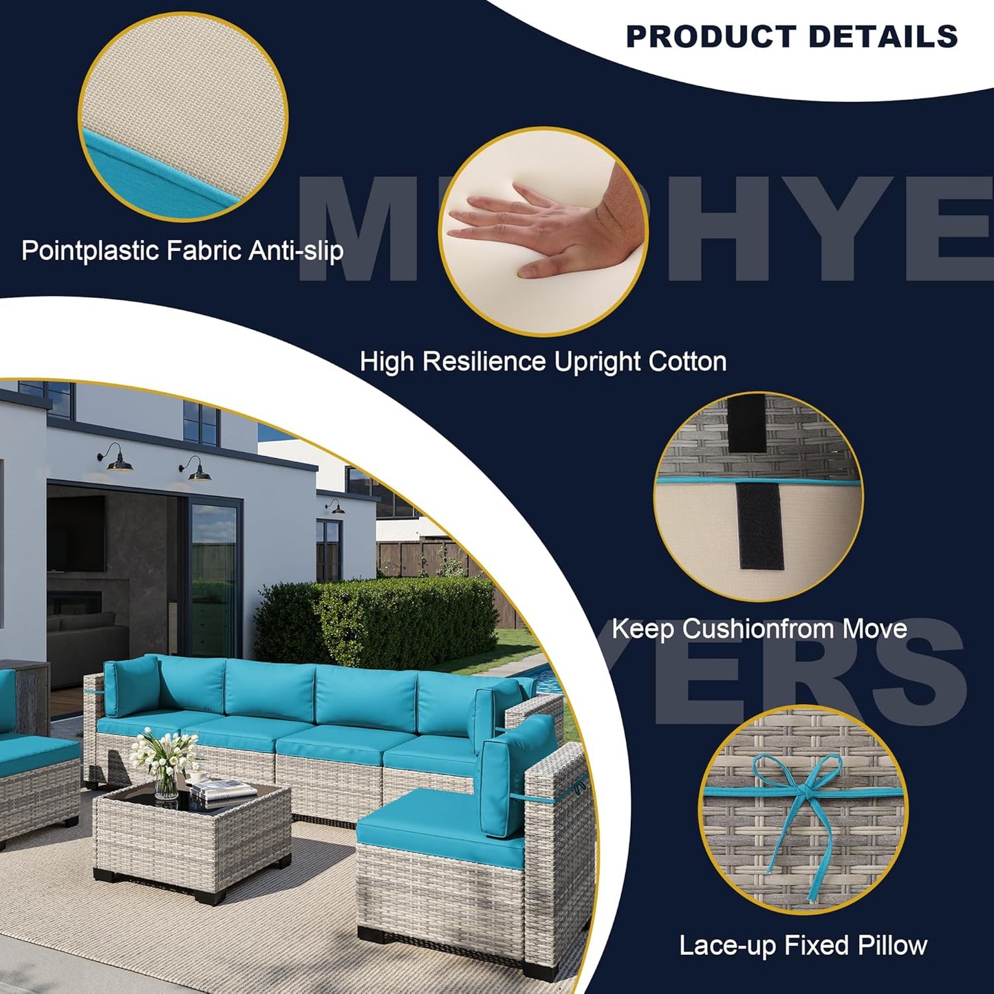 Muphyers 11-Piece Outdoor Patio Furniture Set with Rocking Swivel Chair, Wicker Rattan Sectional Sofa Conversation Set with 55,000 BTU Fire Pit Table, Backyard Furniture,Turquoise