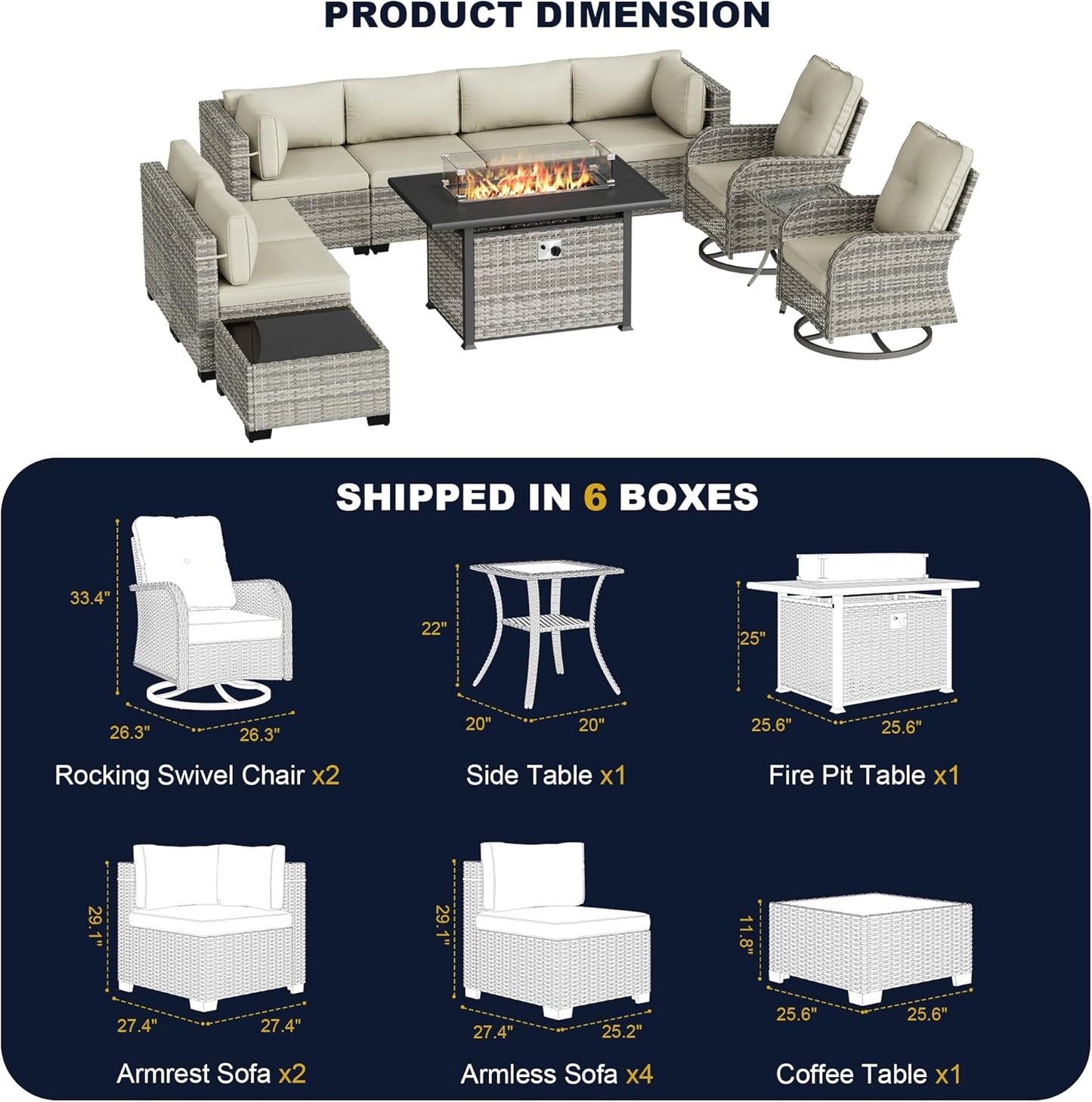 Muphyers 11-Piece Outdoor Patio Furniture Set with Rocking Swivel Chair, Wicker Rattan Sectional Sofa Conversation Set with 55,000 BTU Fire Pit Table, Backyard Furniture,Beige