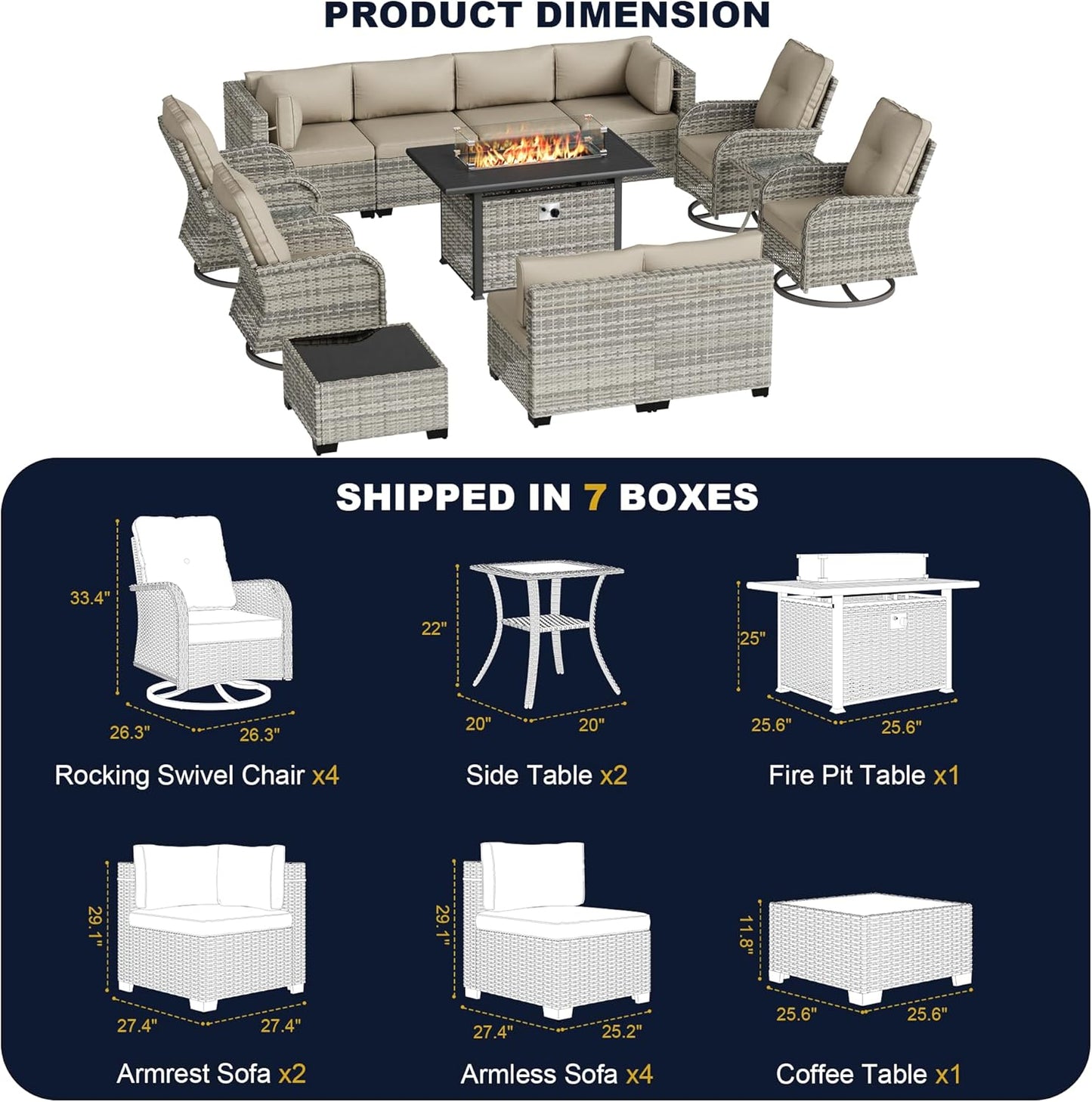 Muphyers 14-Piece Outdoor Patio Furniture Set with Rocking Swivel Chair, Wicker Rattan Sectional Sofa Conversation Set with 55,000 BTU Fire Pit Table, Backyard Furniture,Beige