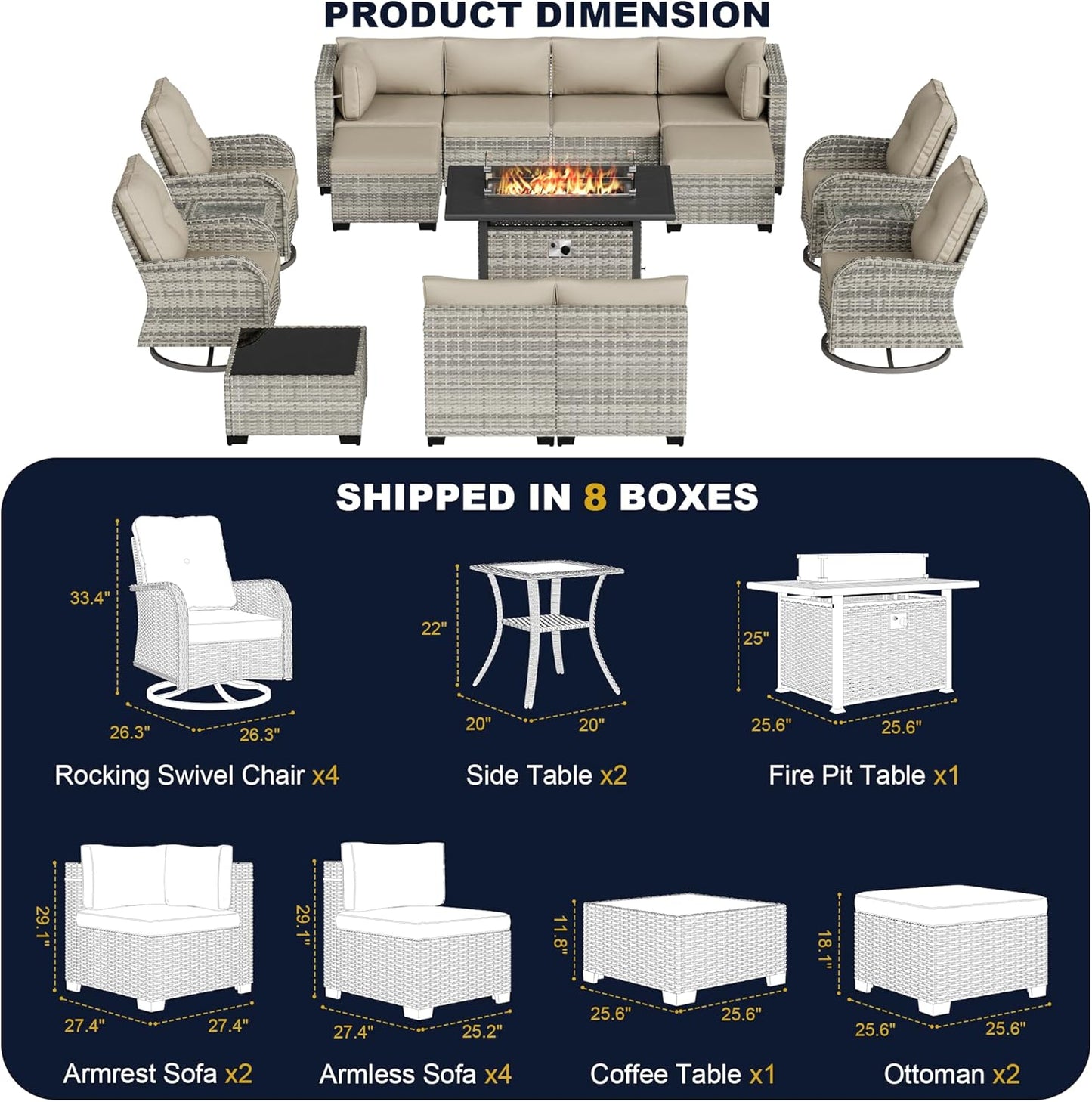 Muphyers 16-Piece Outdoor Patio Furniture Set with Rocking Swivel Chair, Wicker Rattan Sectional Sofa Conversation Set with 55,000 BTU Fire Pit Table with Ottomans, Backyard Furniture,Beige