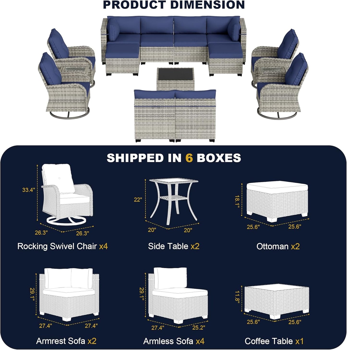 Muphyers 15-Piece Outdoor Patio Furniture Set with Rocking Swivel Chair, Wicker Rattan Sectional Sofa Conversation Set with Tempered Glass Table with Ottomans, Backyard Furniture,Navy Blue