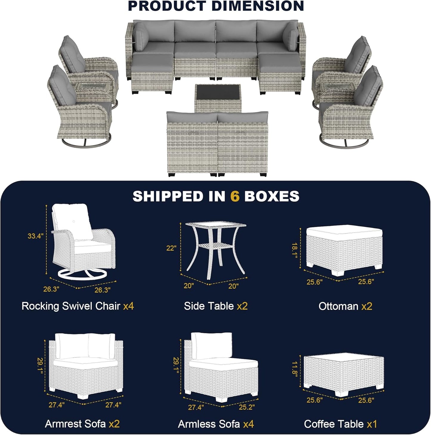 Muphyers 15-Piece Outdoor Patio Furniture Set with Rocking Swivel Chair, Wicker Rattan Sectional Sofa Conversation Set with Tempered Glass Table with Ottomans, Backyard Furniture,Grey