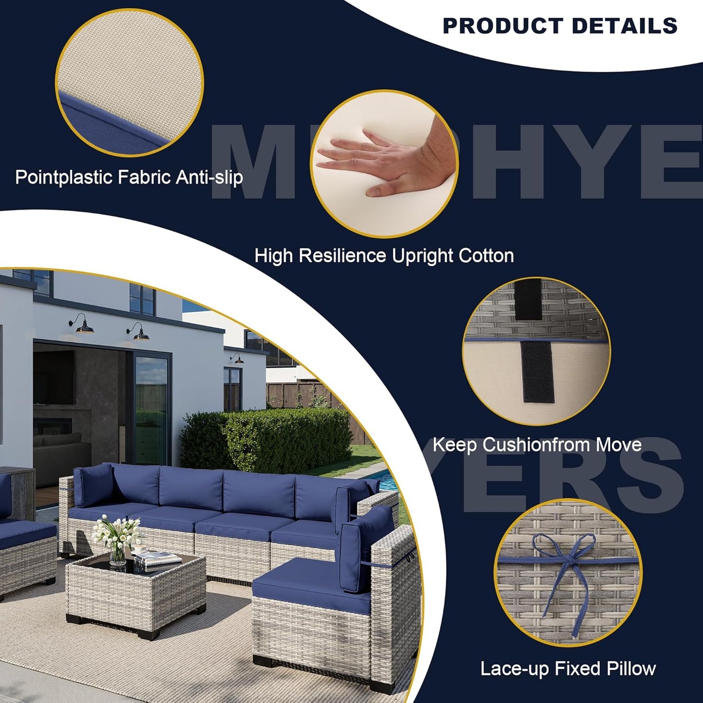 Muphyers 11-Piece Outdoor Patio Furniture Set with Rocking Swivel Chair, Wicker Rattan Sectional Sofa Conversation Set with 55,000 BTU Fire Pit Table, Backyard Furniture,Navy Blue