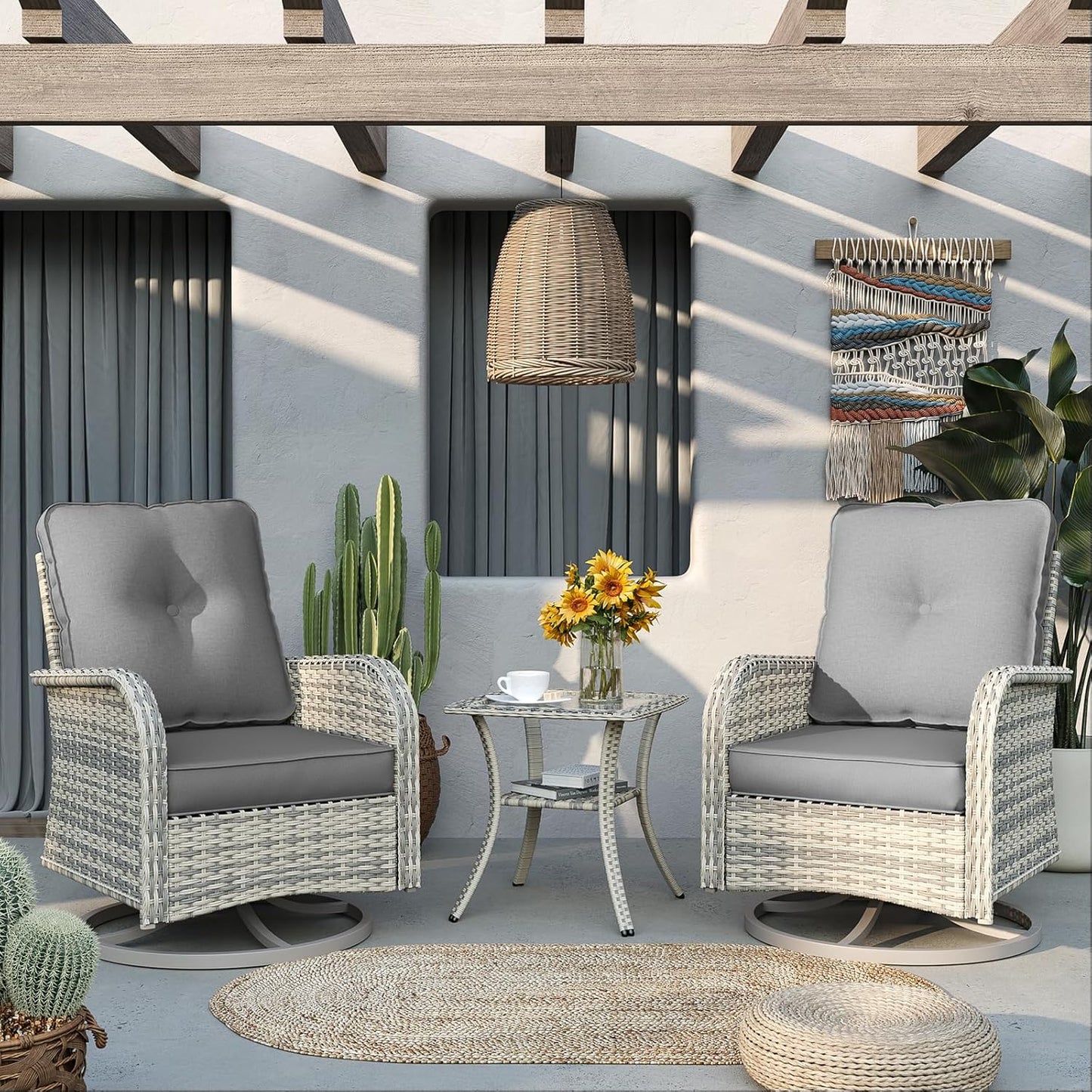 Muphyers Patio Rocking Swivel Chair Outdoor Wicker Rattan Bistro Set with Tempered Glass Side Table, Outdoor Patio Furniture Set for Garden, Deck, and Balcony