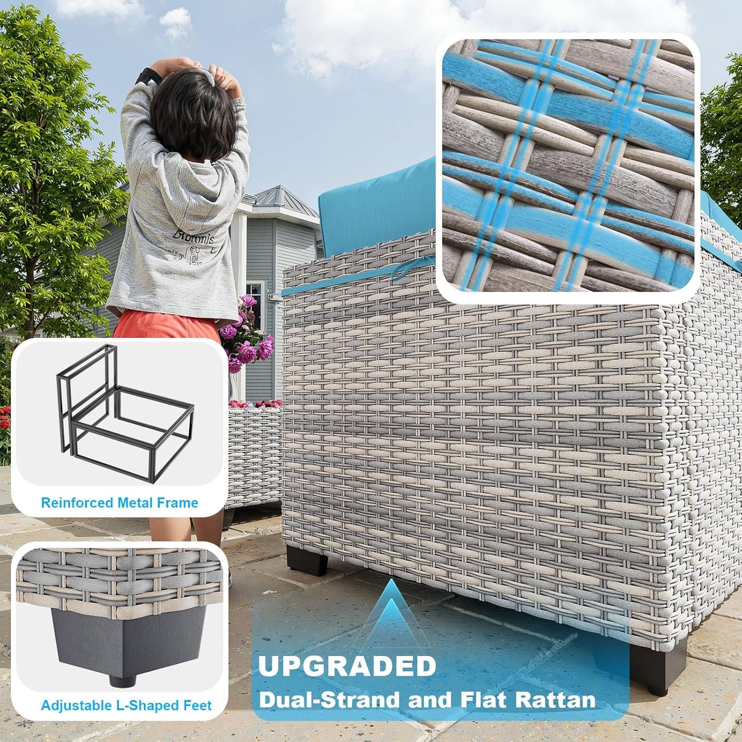 Sweecci 7-Piece Patio Furniture Set, Outdoor Sectional with Thick Cushions, Modular Patio Sofa, Dual-Strand Wicker Rattan, Rust-Resistant Frame, Backyard Furniture for Garden, Deck, Lake Blue