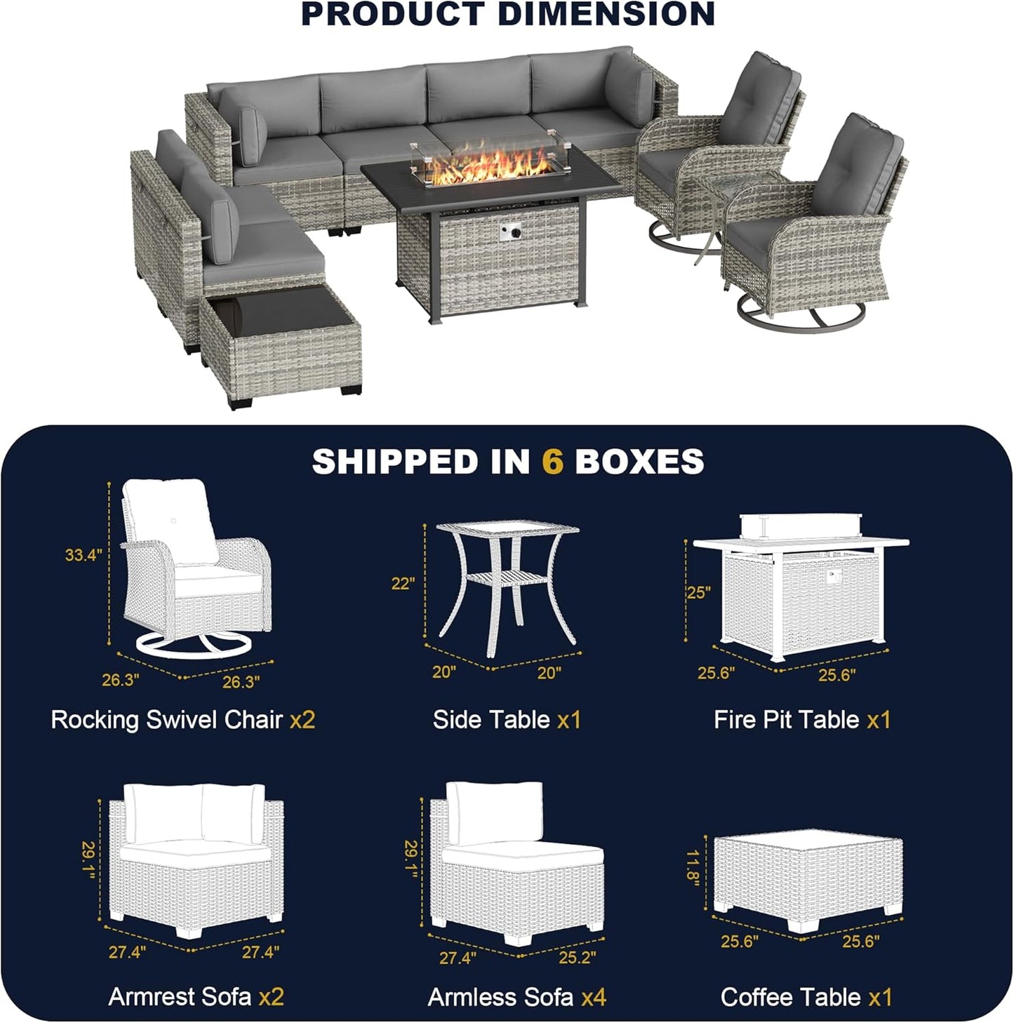Muphyers 11-Piece Outdoor Patio Furniture Set with Rocking Swivel Chair, Wicker Rattan Sectional Sofa Conversation Set with 55,000 BTU Fire Pit Table, Backyard Furniture,Grey