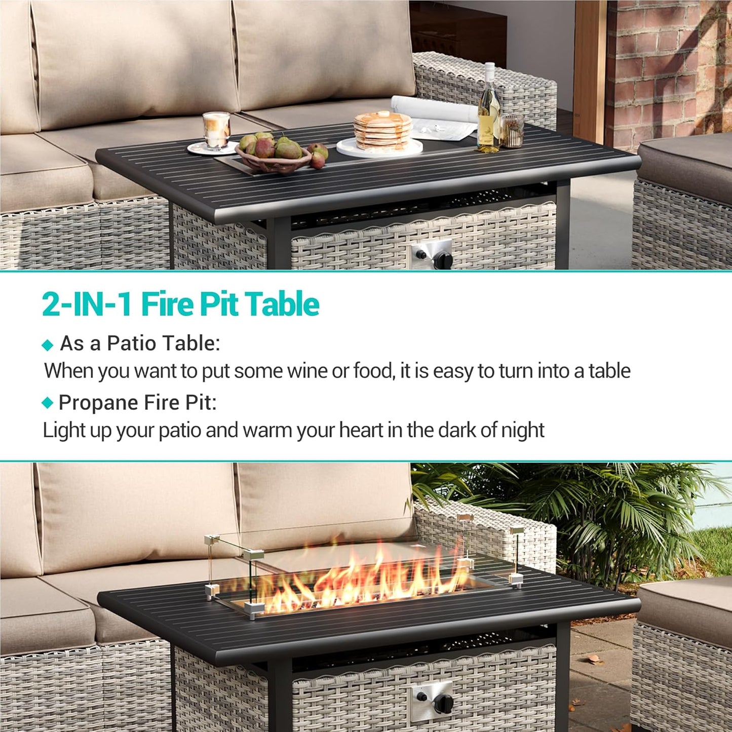 Muphyers 11-Piece Outdoor Patio Furniture Set with Rocking Swivel Chair, Wicker Rattan Sectional Sofa Conversation Set with 55,000 BTU Fire Pit Table, Backyard Furniture,Beige