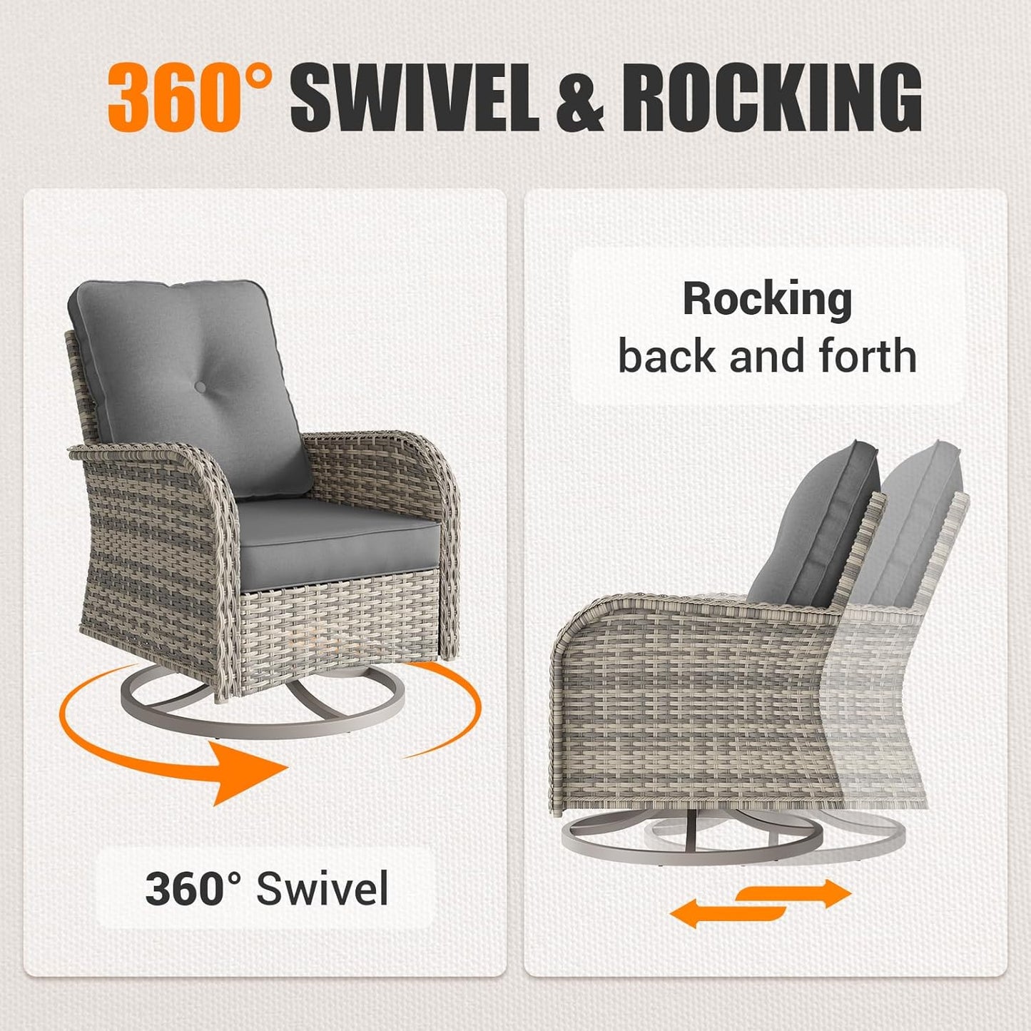 Muphyers 11-Piece Outdoor Patio Furniture Set with Rocking Swivel Chair, Wicker Rattan Sectional Sofa Conversation Set with 55,000 BTU Fire Pit Table, Backyard Furniture,Grey