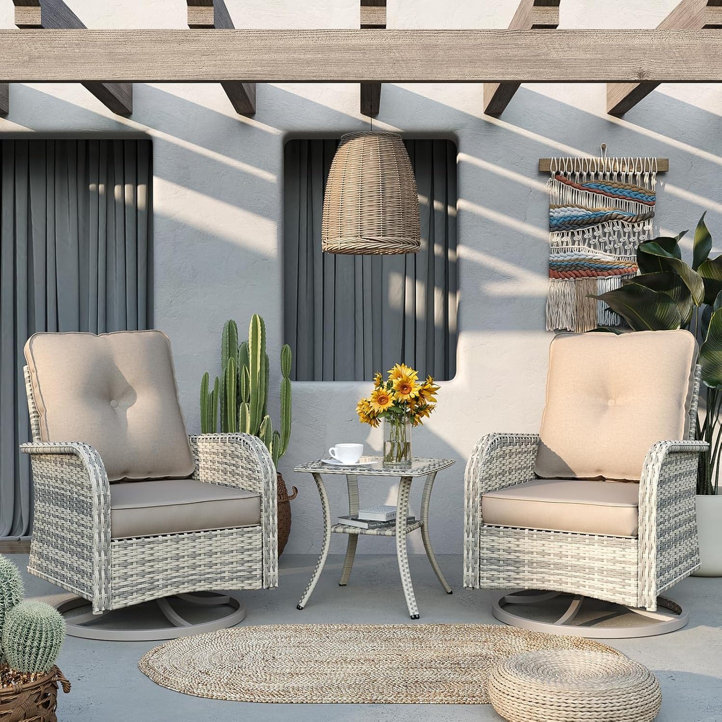 Muphyers Patio Rocking Swivel Chair Outdoor Wicker Rattan Bistro Set with Tempered Glass Side Table, Outdoor Patio Furniture Set for Garden, Deck, and Balcony