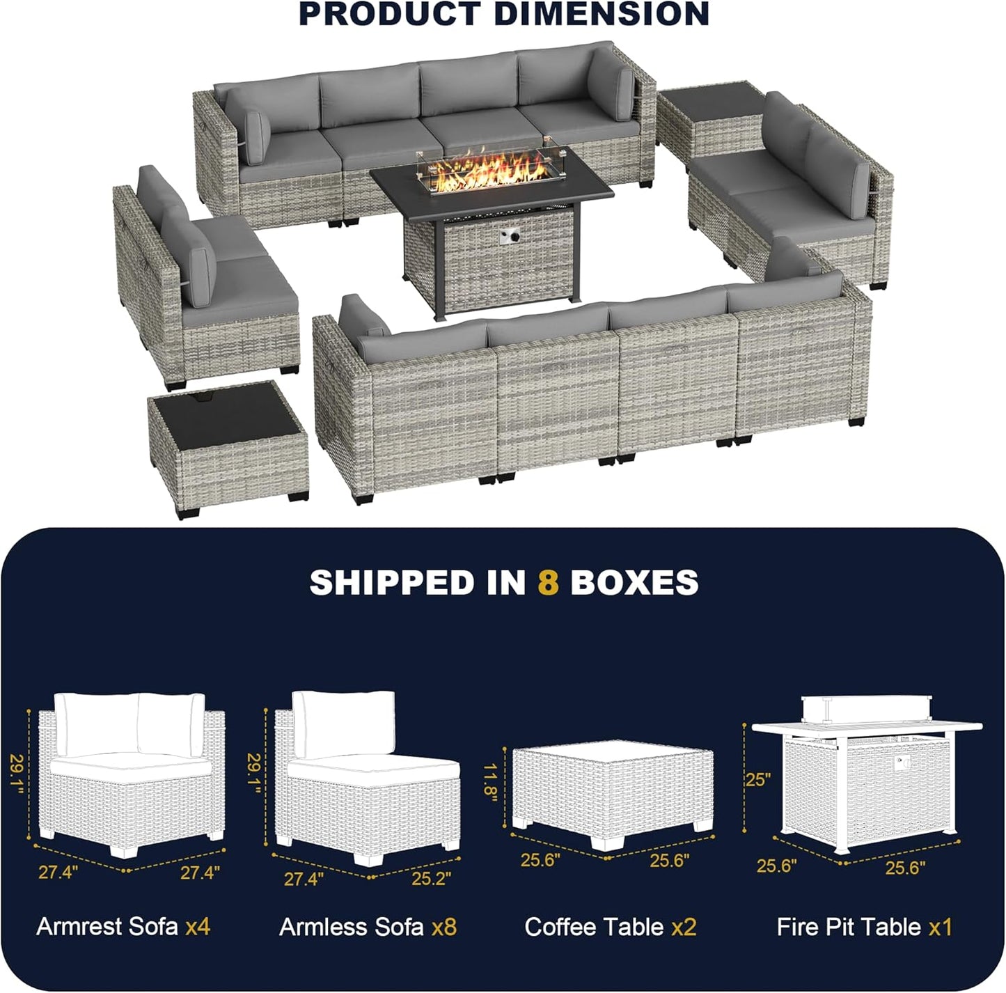 Muphyers 15-Piece Outdoor Patio Furniture Set with 55,000 BTU Fire Pit Table, PE Wicker Rattan Sectional Sofa Conversation Set - All-Weather Garden, Backyard Furniture,Grey