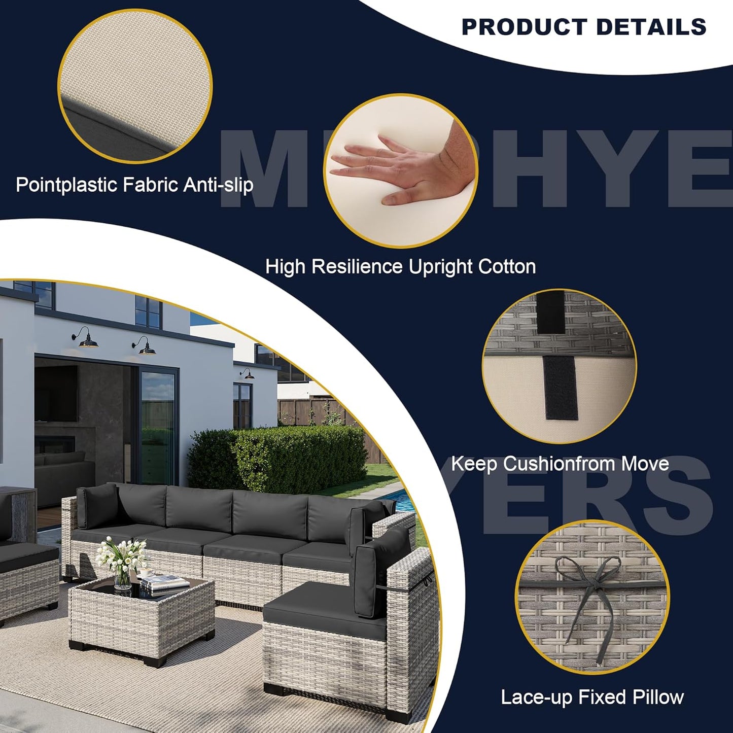 Muphyers 11-Piece Outdoor Patio Furniture Set with Rocking Swivel Chair, Wicker Rattan Sectional Sofa Conversation Set with 55,000 BTU Fire Pit Table, Backyard Furniture,Dark Grey
