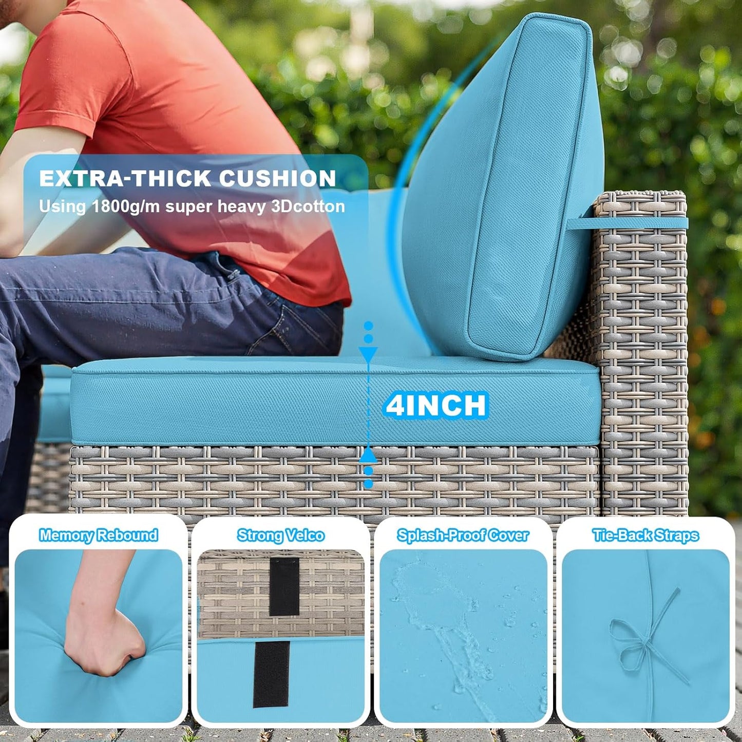 Sweecci 7-Piece Patio Furniture Set, Outdoor Sectional with Thick Cushions, Modular Patio Sofa, Dual-Strand Wicker Rattan, Rust-Resistant Frame, Backyard Furniture for Garden, Deck, Lake Blue