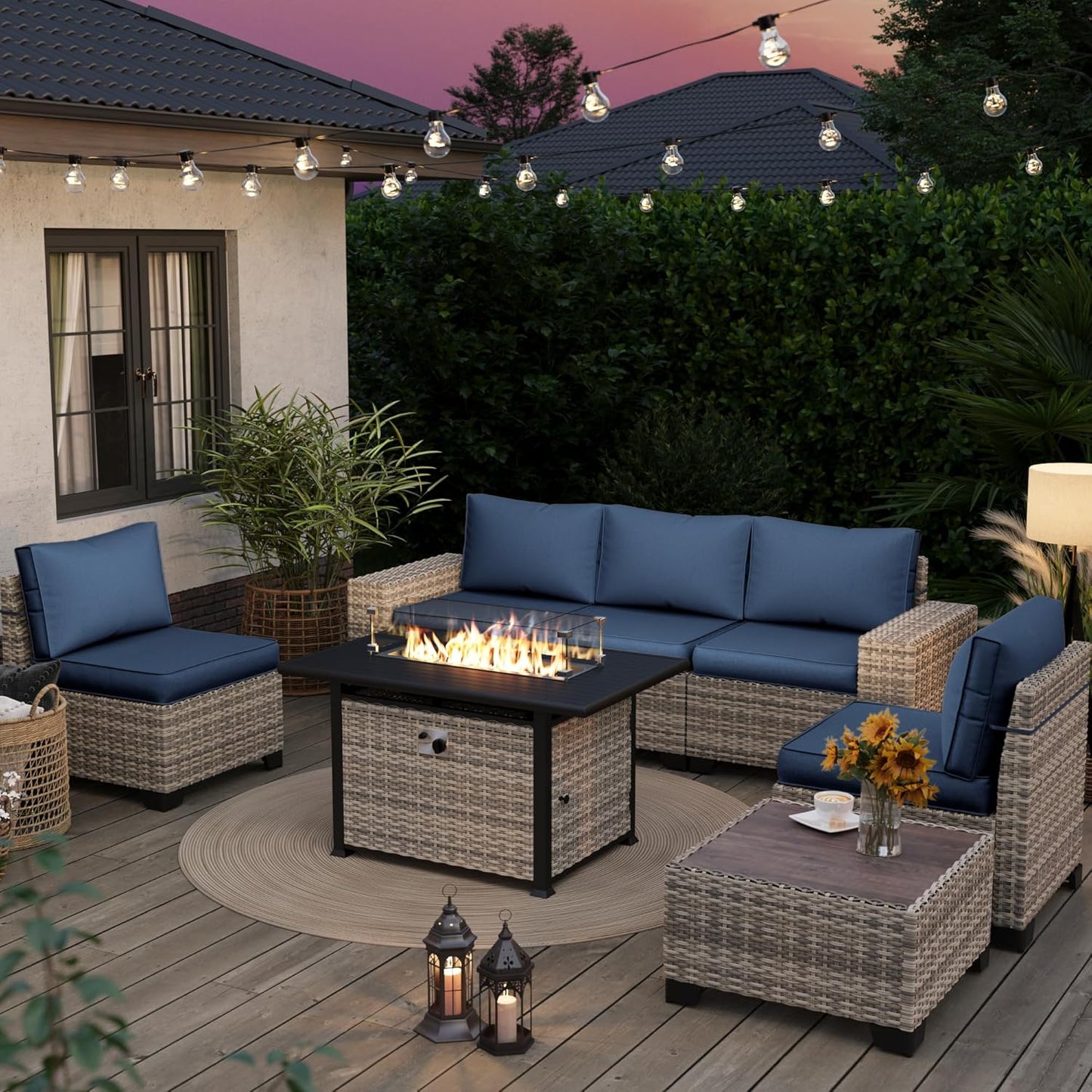 Muphyers 7-Piece Outdoor Patio Furniture Set with 55,000 BTU Fire Pit Table, PE Wicker Rattan Sectional Sofa Patio Conversation Set with Thickened Cushions & Coffee Table