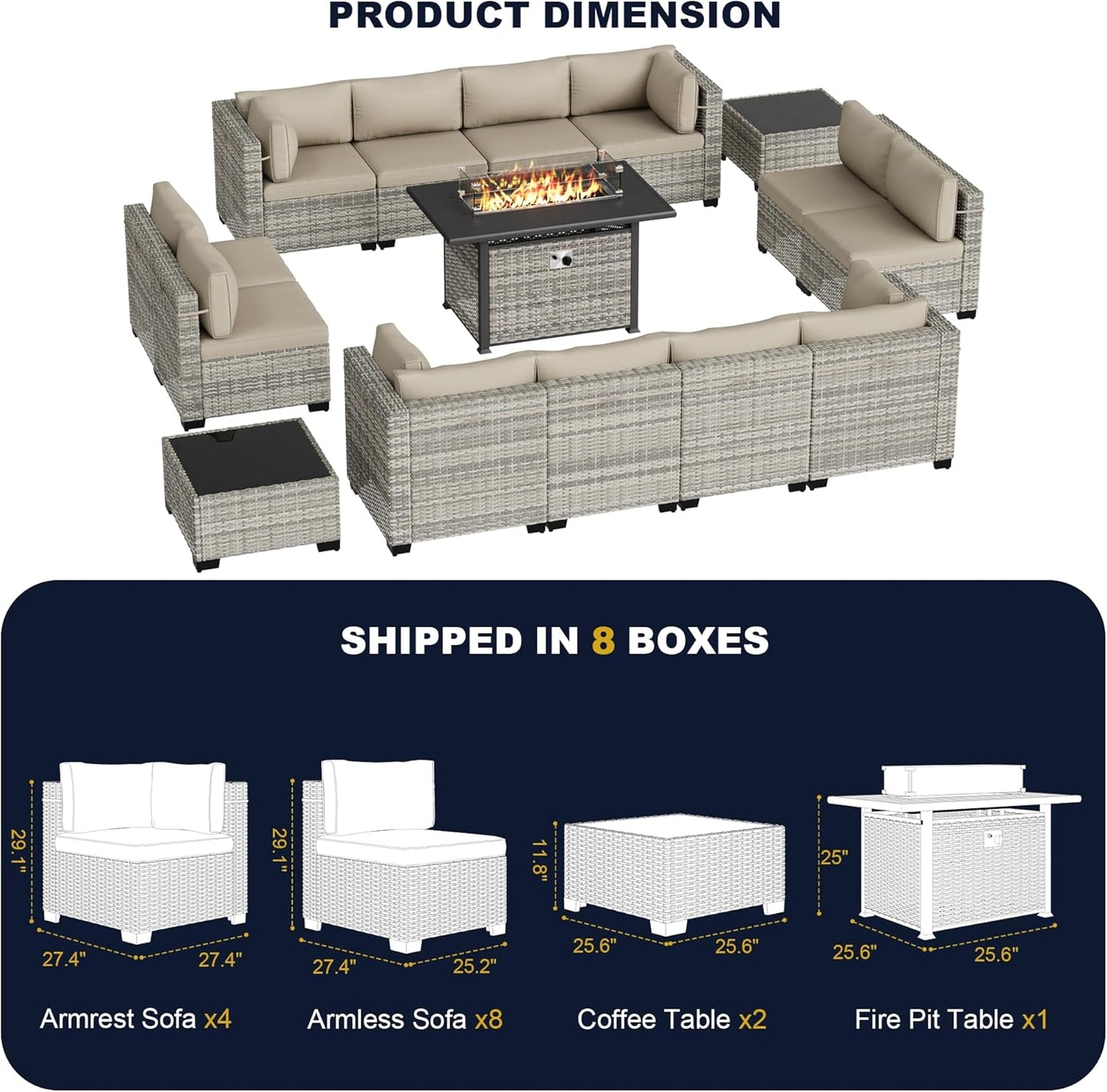 Muphyers 15-Piece Outdoor Patio Furniture Set with 55,000 BTU Fire Pit Table, PE Wicker Rattan Sectional Sofa Conversation Set - All-Weather Garden, Backyard Furniture,Beige