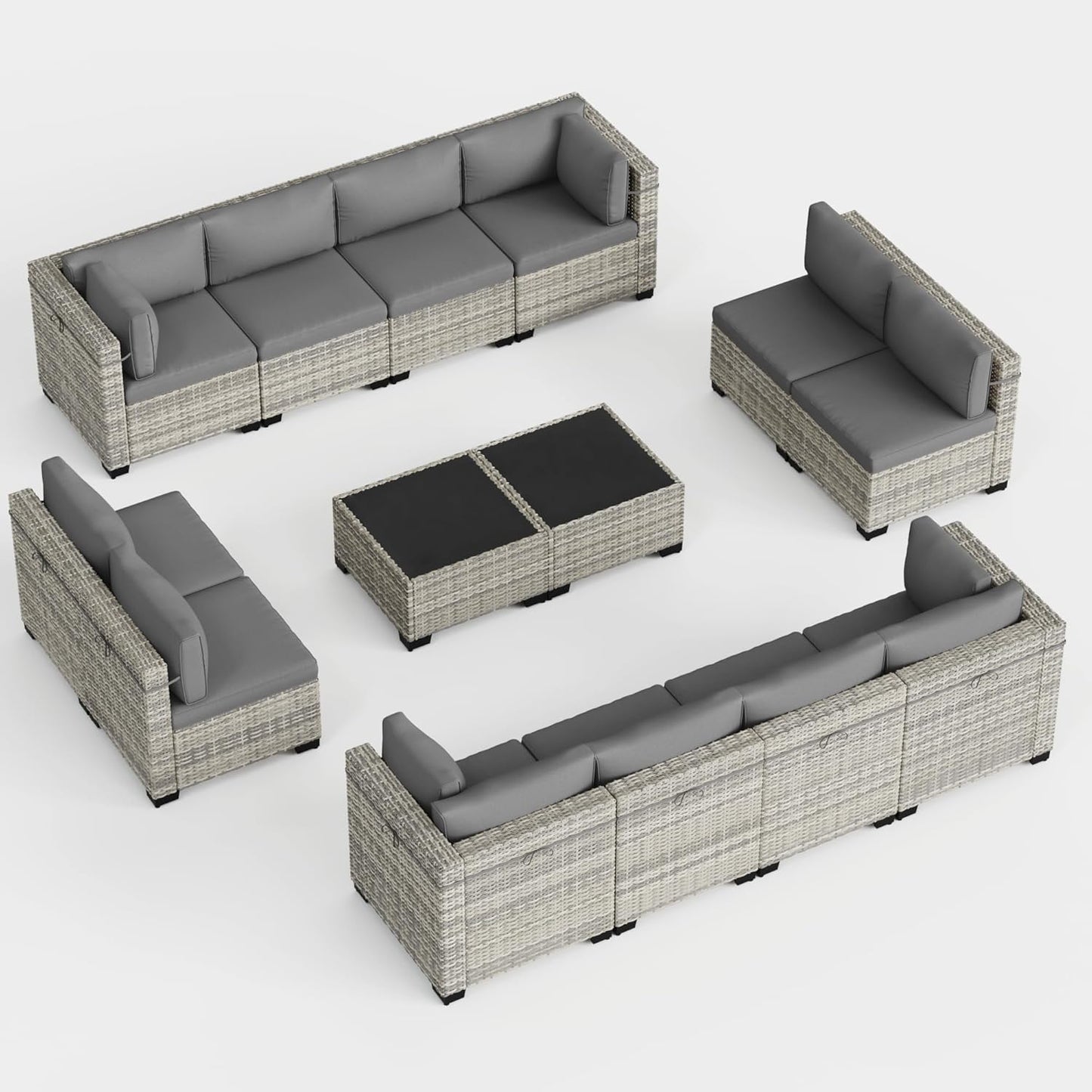 Muphyers 14-Piece Outdoor Patio Furniture Set, PE Wicker Rattan Sectional Sofa Conversation Set with Tempered Glass Table & Thick Cushions - All-Weather Garden, Backyard Furniture,Grey