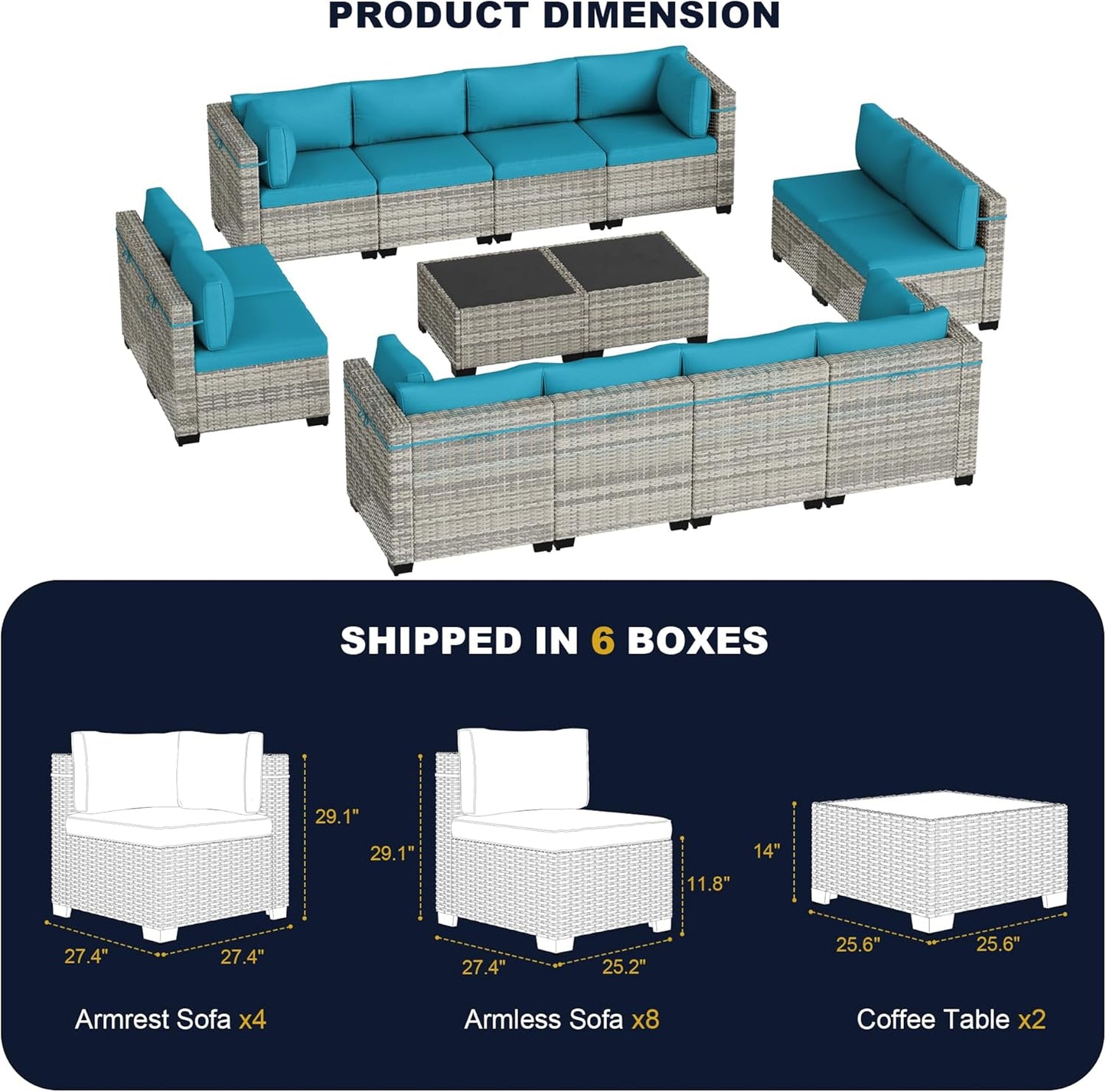 Muphyers 14-Piece Outdoor Patio Furniture Set, PE Wicker Rattan Sectional Sofa Conversation Set with Tempered Glass Table & Thick Cushions - All-Weather Garden, Backyard Furniture,Turquoise