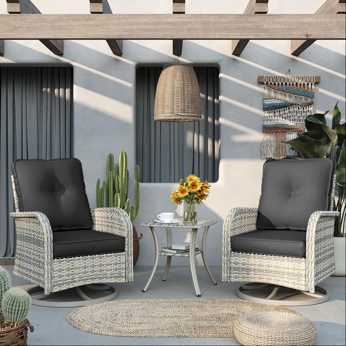 Muphyers Patio Rocking Swivel Chair Outdoor Wicker Rattan Bistro Set with Tempered Glass Side Table, Outdoor Patio Furniture Set for Garden, Deck, and Balcony