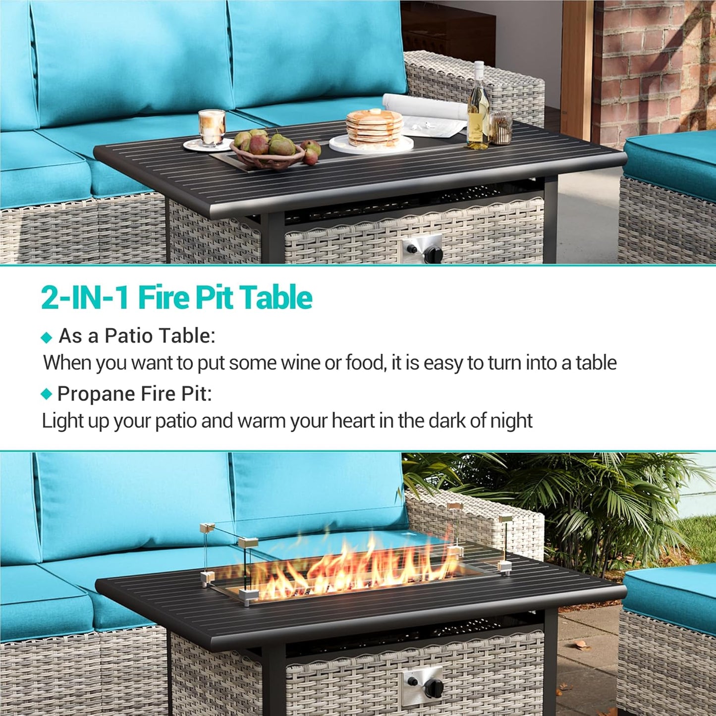 Muphyers 13-Piece Outdoor Patio Furniture Set with Rocking Swivel Chair, Wicker Rattan Sectional Sofa Conversation Set with 55,000 BTU Fire Pit Table with Ottomans, Backyard Furniture,Turquoise