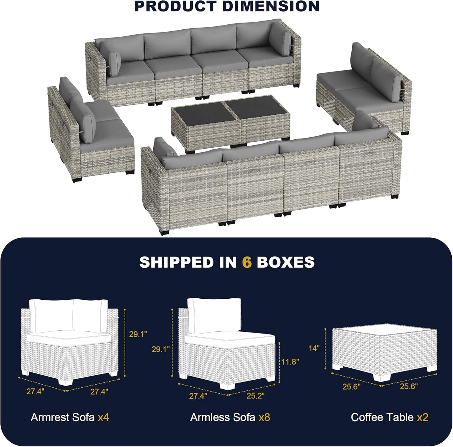 Muphyers 14-Piece Outdoor Patio Furniture Set, PE Wicker Rattan Sectional Sofa Conversation Set with Tempered Glass Table & Thick Cushions - All-Weather Garden, Backyard Furniture,Grey