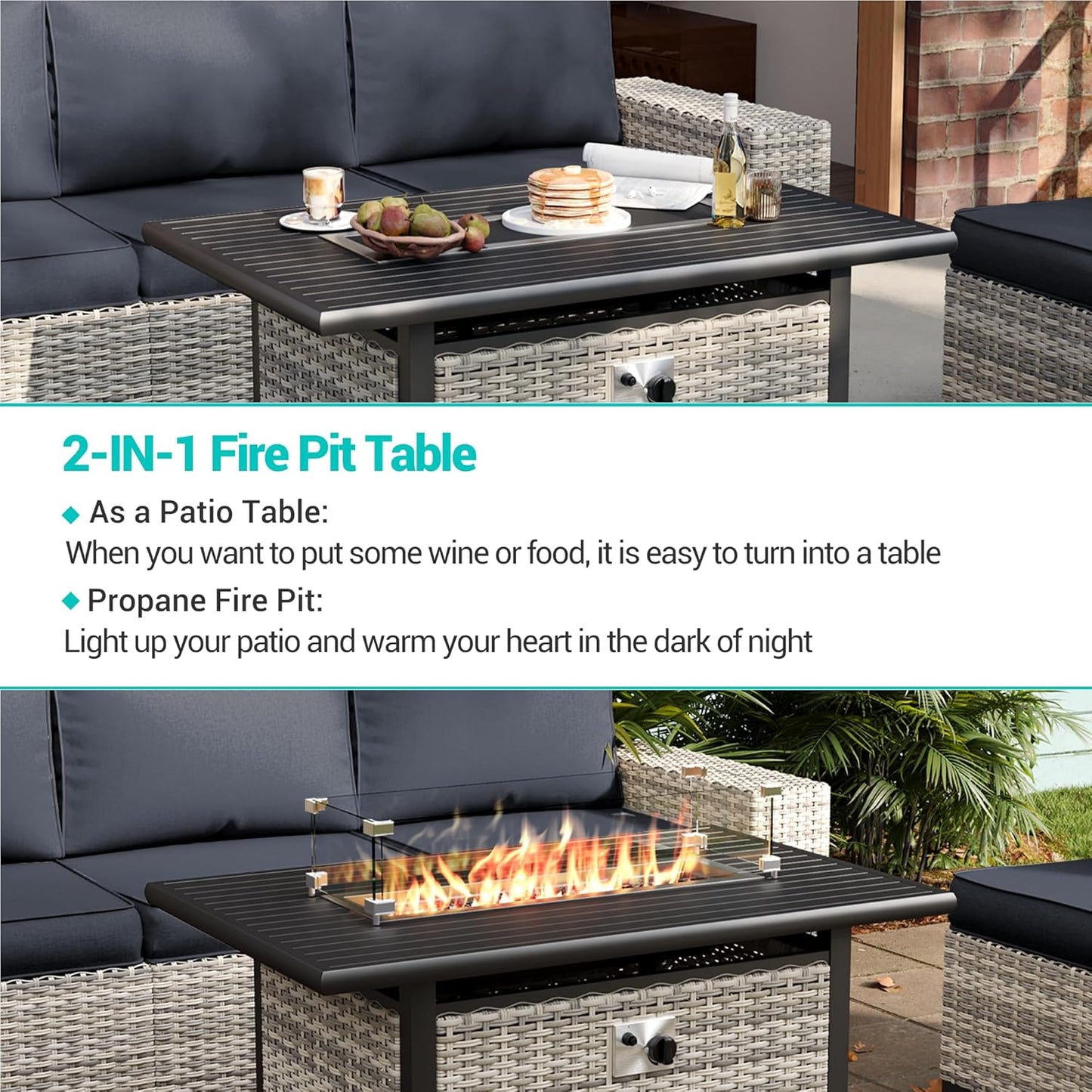 Muphyers 11-Piece Outdoor Patio Furniture Set with Rocking Swivel Chair, Wicker Rattan Sectional Sofa Conversation Set with 55,000 BTU Fire Pit Table, Backyard Furniture,Dark Grey
