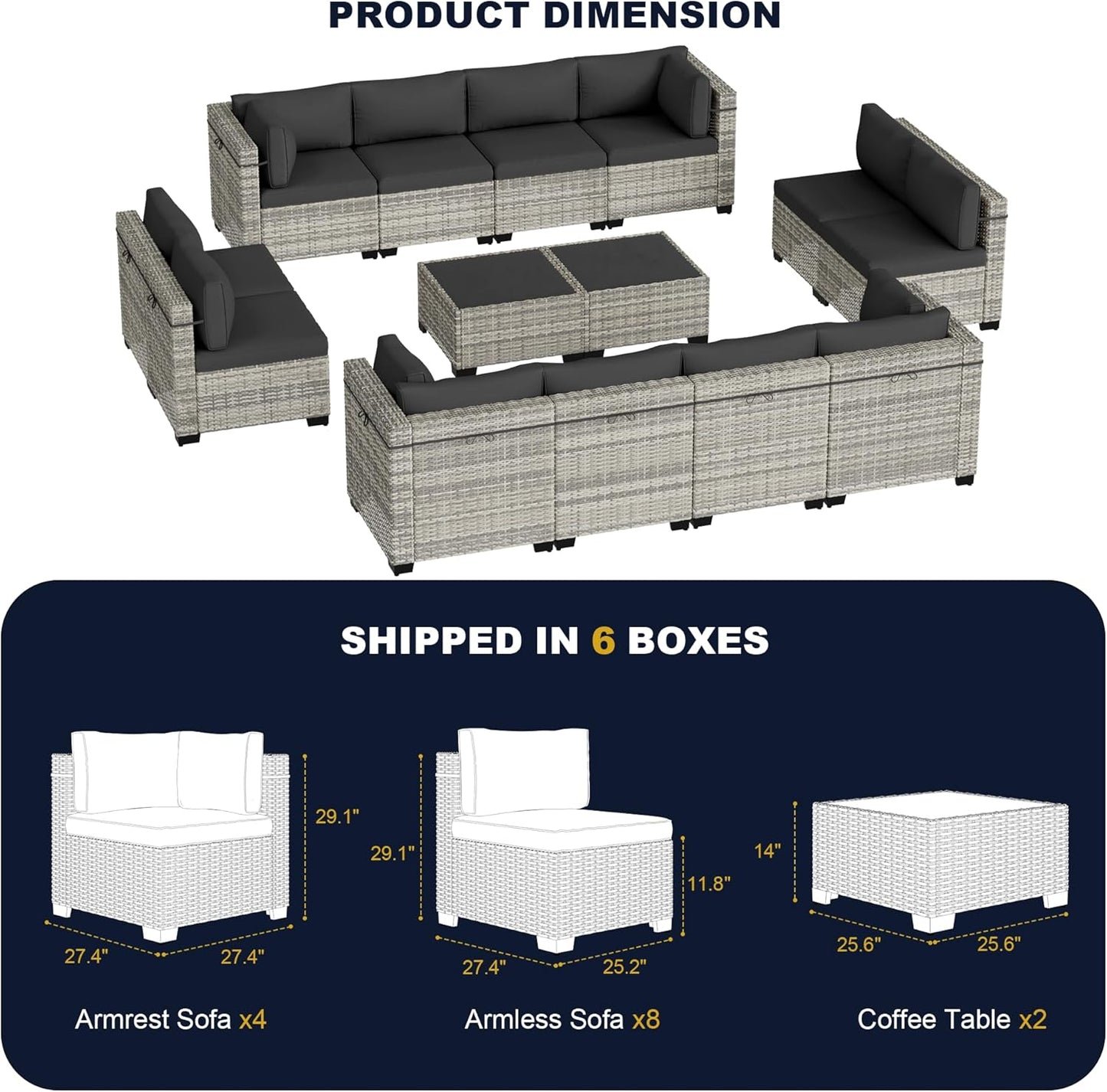 Muphyers 14-Piece Outdoor Patio Furniture Set, PE Wicker Rattan Sectional Sofa Conversation Set with Tempered Glass Table & Thick Cushions - All-Weather Garden, Backyard Furniture,Dark Grey