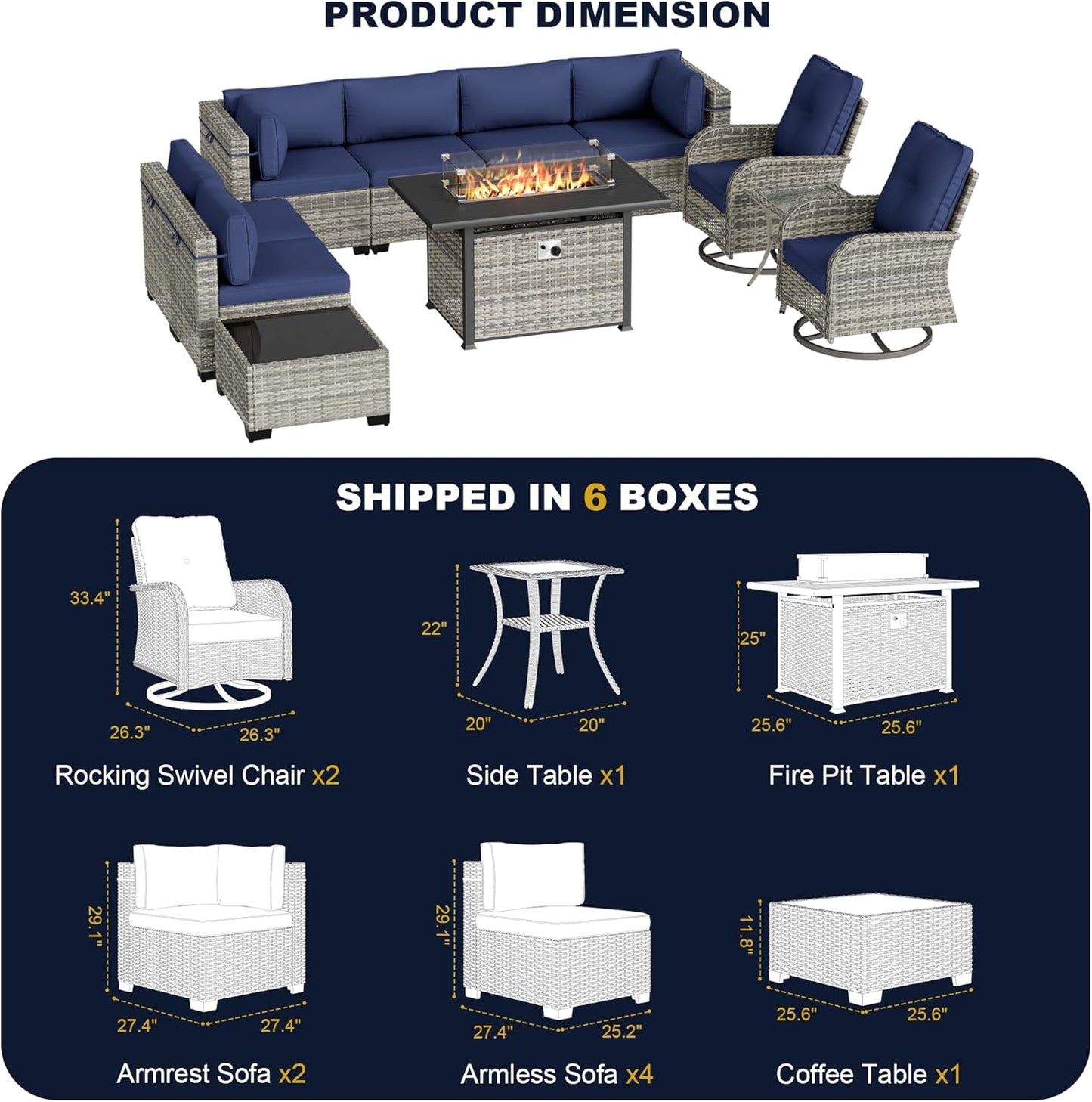 Muphyers 11-Piece Outdoor Patio Furniture Set with Rocking Swivel Chair, Wicker Rattan Sectional Sofa Conversation Set with 55,000 BTU Fire Pit Table, Backyard Furniture,Navy Blue
