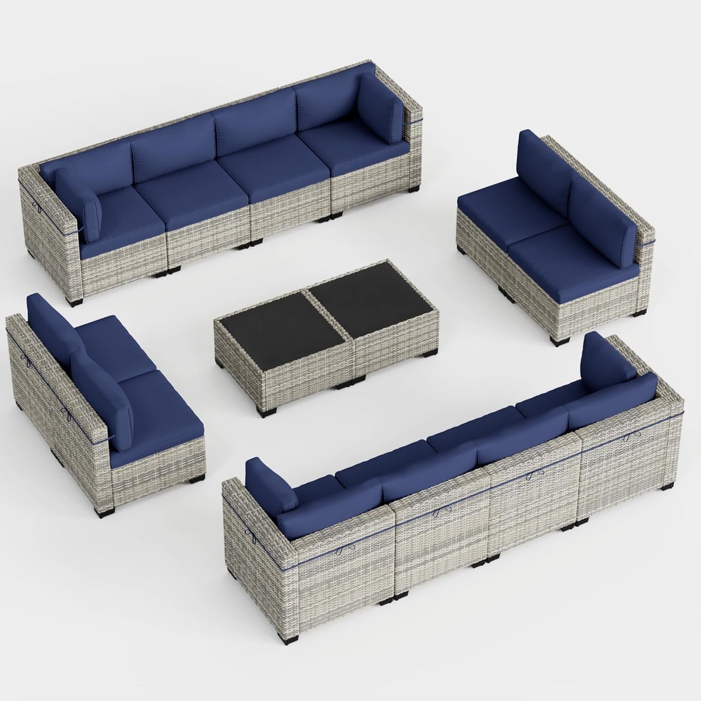 Muphyers 14-Piece Outdoor Patio Furniture Set, PE Wicker Rattan Sectional Sofa Conversation Set with Tempered Glass Table & Thick Cushions - All-Weather Garden, Backyard Furniture,Navy Blue