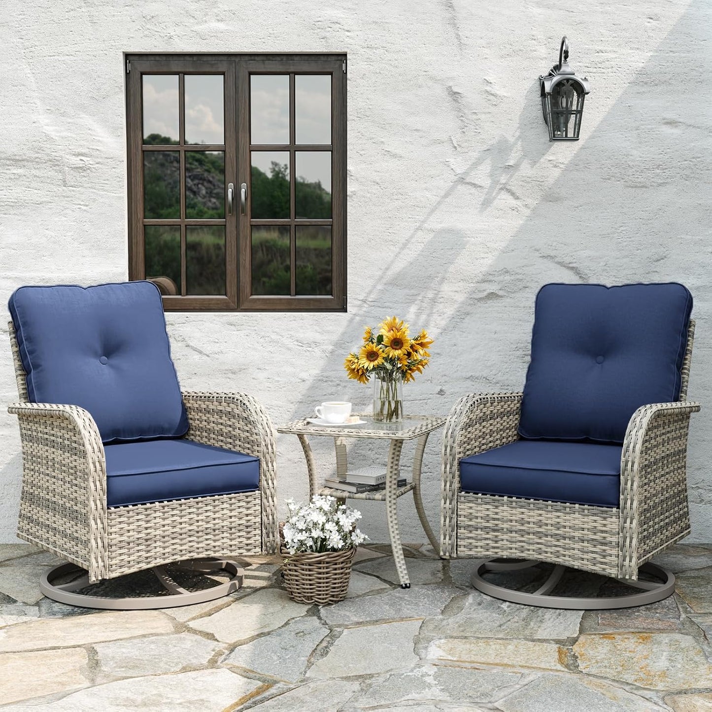 Muphyers Patio Rocking Swivel Chair Outdoor Wicker Rattan Bistro Set with Tempered Glass Side Table, Outdoor Patio Furniture Set for Garden, Deck, and Balcony