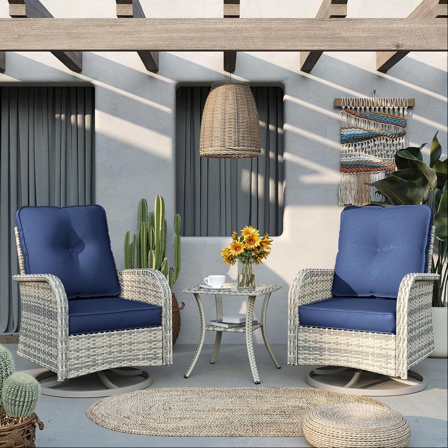 Muphyers Patio Rocking Swivel Chair Outdoor Wicker Rattan Bistro Set with Tempered Glass Side Table, Outdoor Patio Furniture Set for Garden, Deck, and Balcony